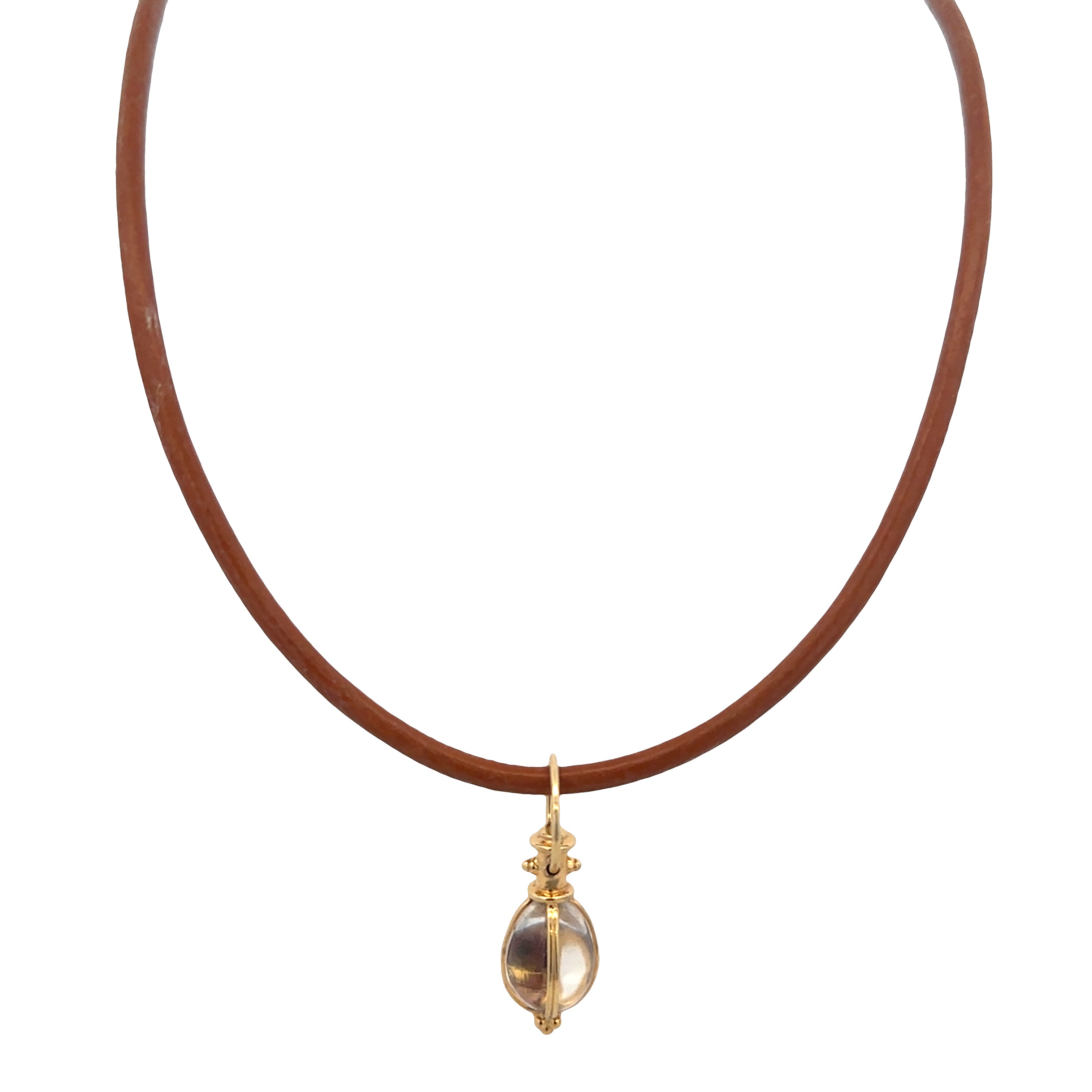 Estate Temple St. Clair 18k Yellow Gold Rock Crystal Pendant on Leather Cord