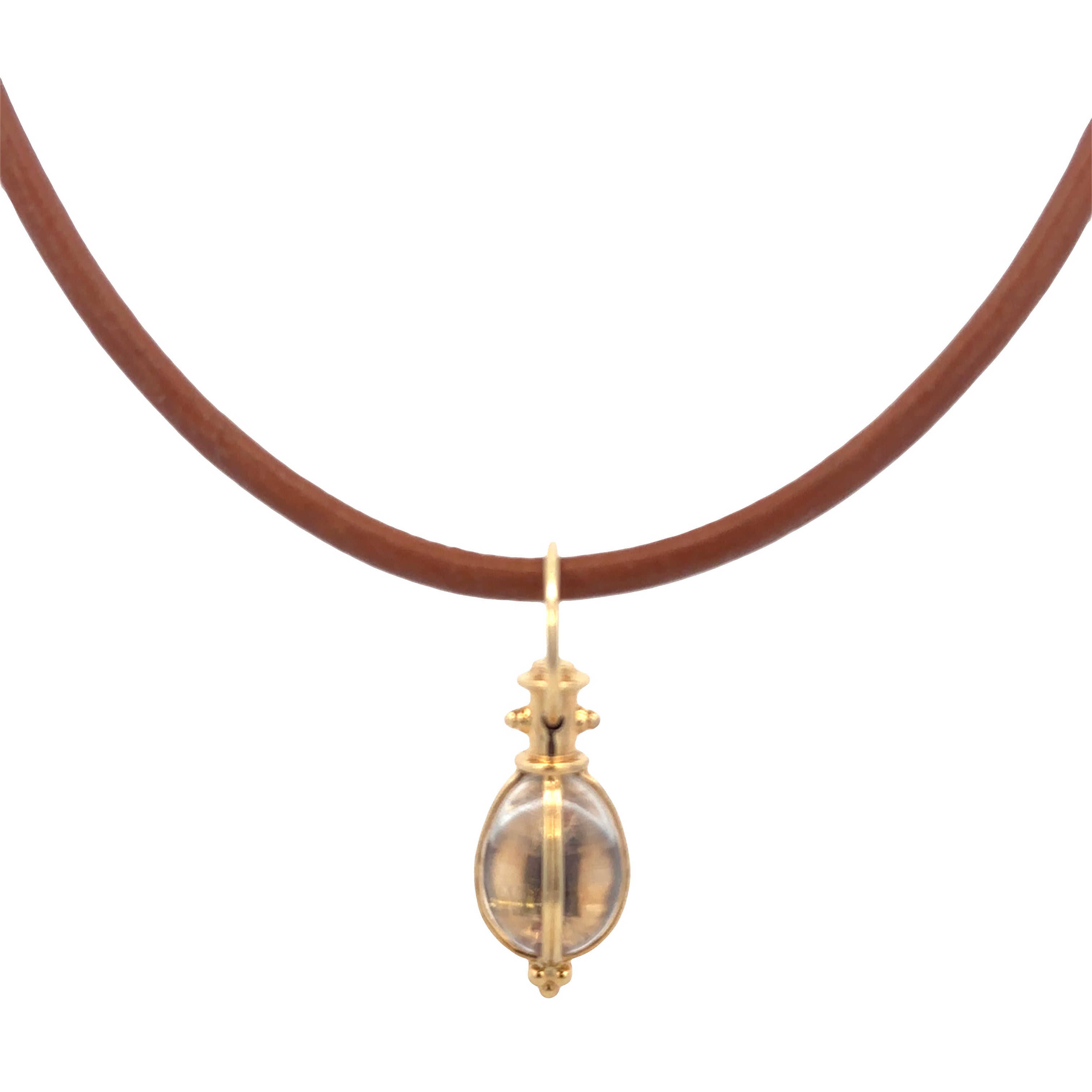 Estate Temple St. Clair 18k Yellow Gold Rock Crystal Pendant on Leather Cord