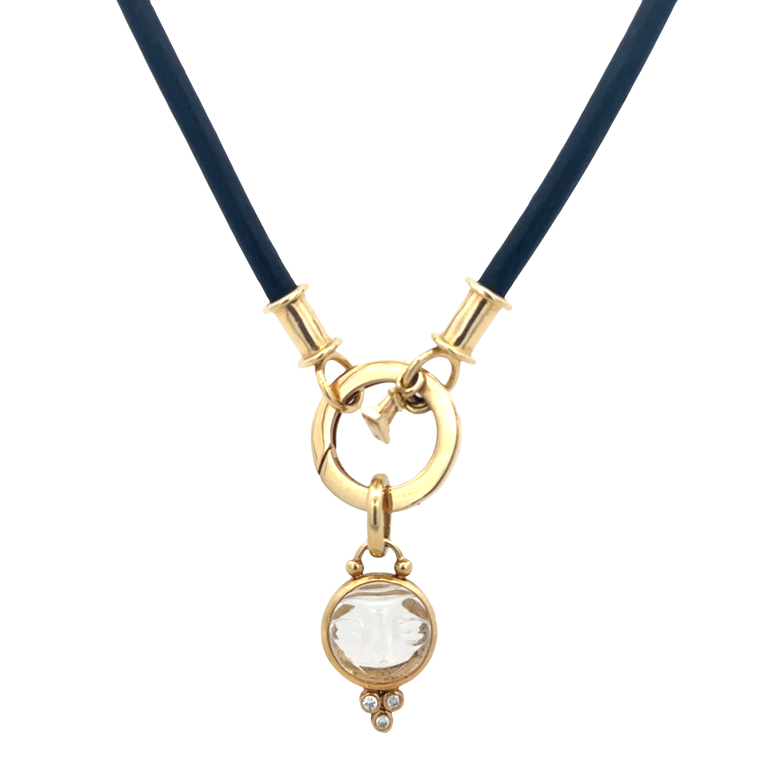 Estate Temple St. Clair 18k Yellow Gold Carved Rock Crystal Moon Face Pendant on Leather Cord
