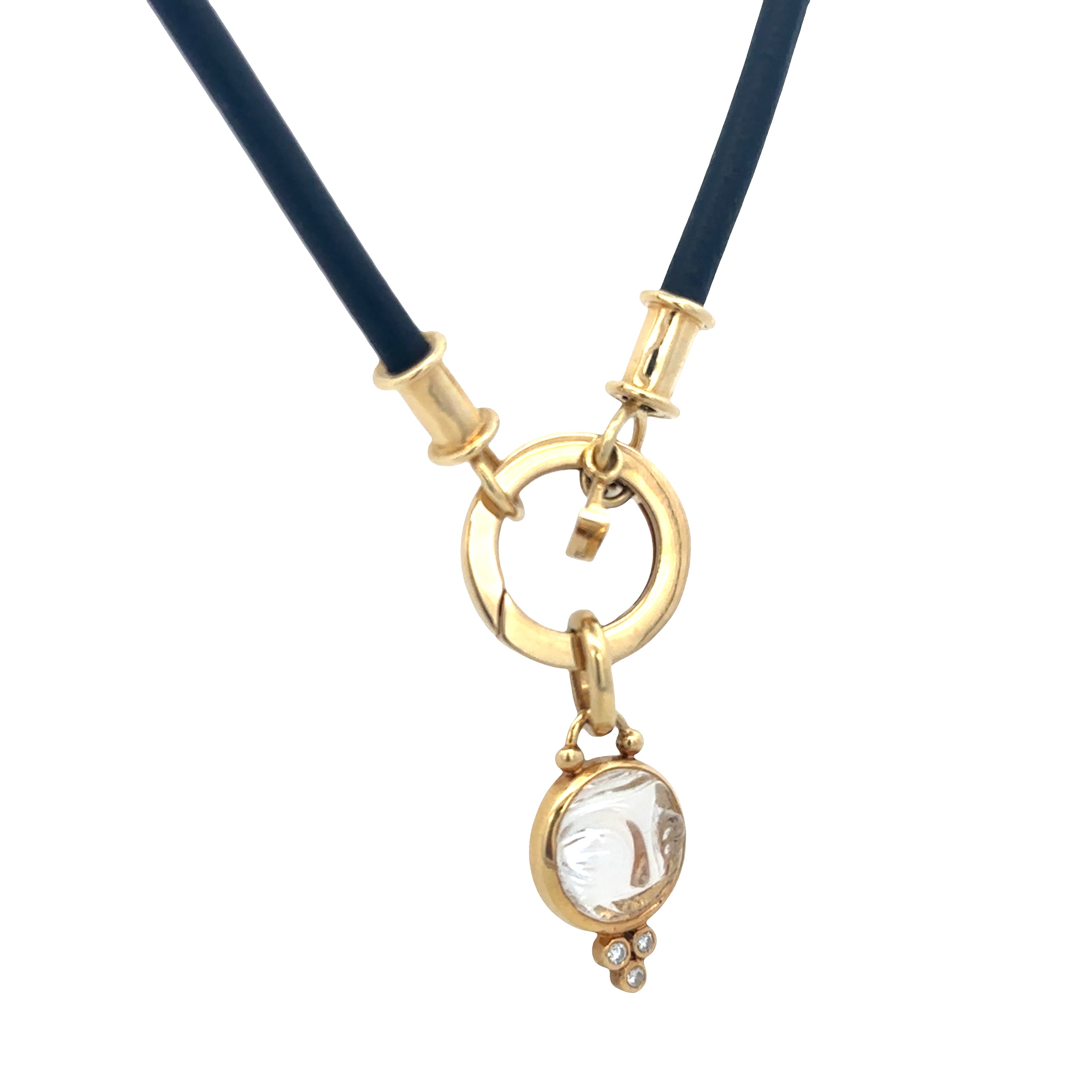 Estate Temple St. Clair 18k Yellow Gold Carved Rock Crystal Moon Face Pendant on Leather Cord