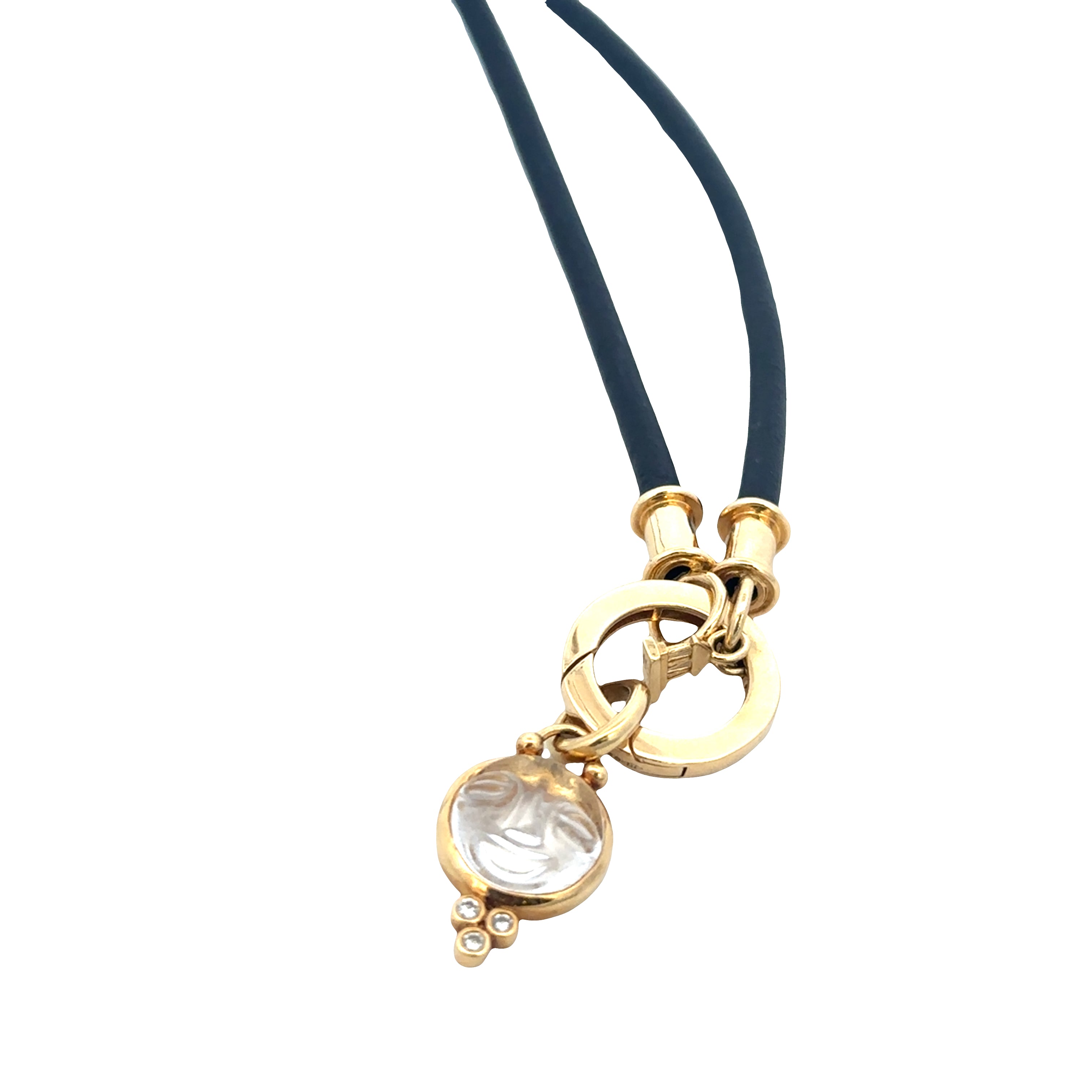 Estate Temple St. Clair 18k Yellow Gold Carved Rock Crystal Moon Face Pendant on Leather Cord