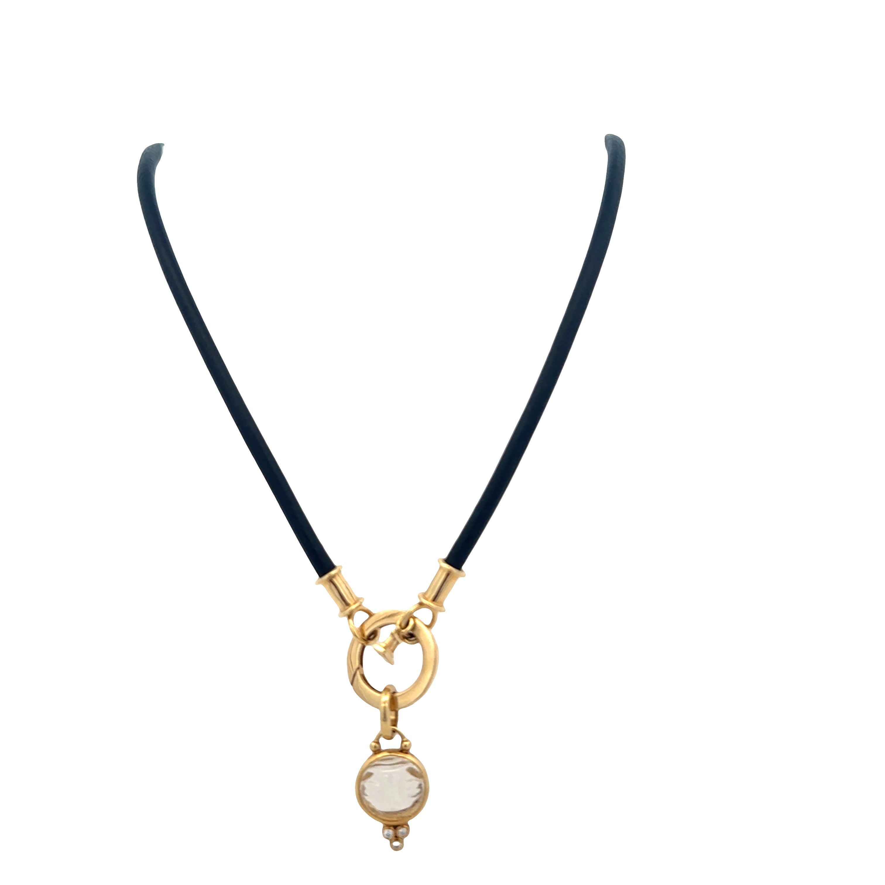 Estate Temple St. Clair 18k Yellow Gold Carved Rock Crystal Moon Face Pendant on Leather Cord