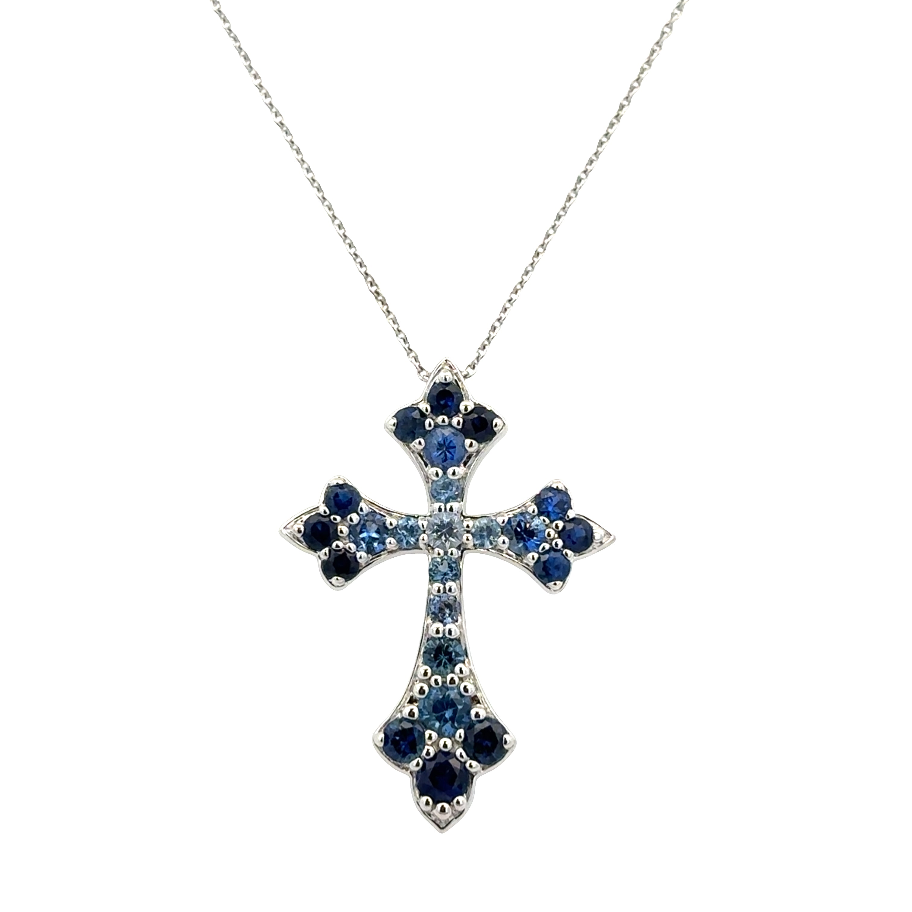 14k White Gold Blue Sapphire Cross Pendant Necklace – Adjustable 18"