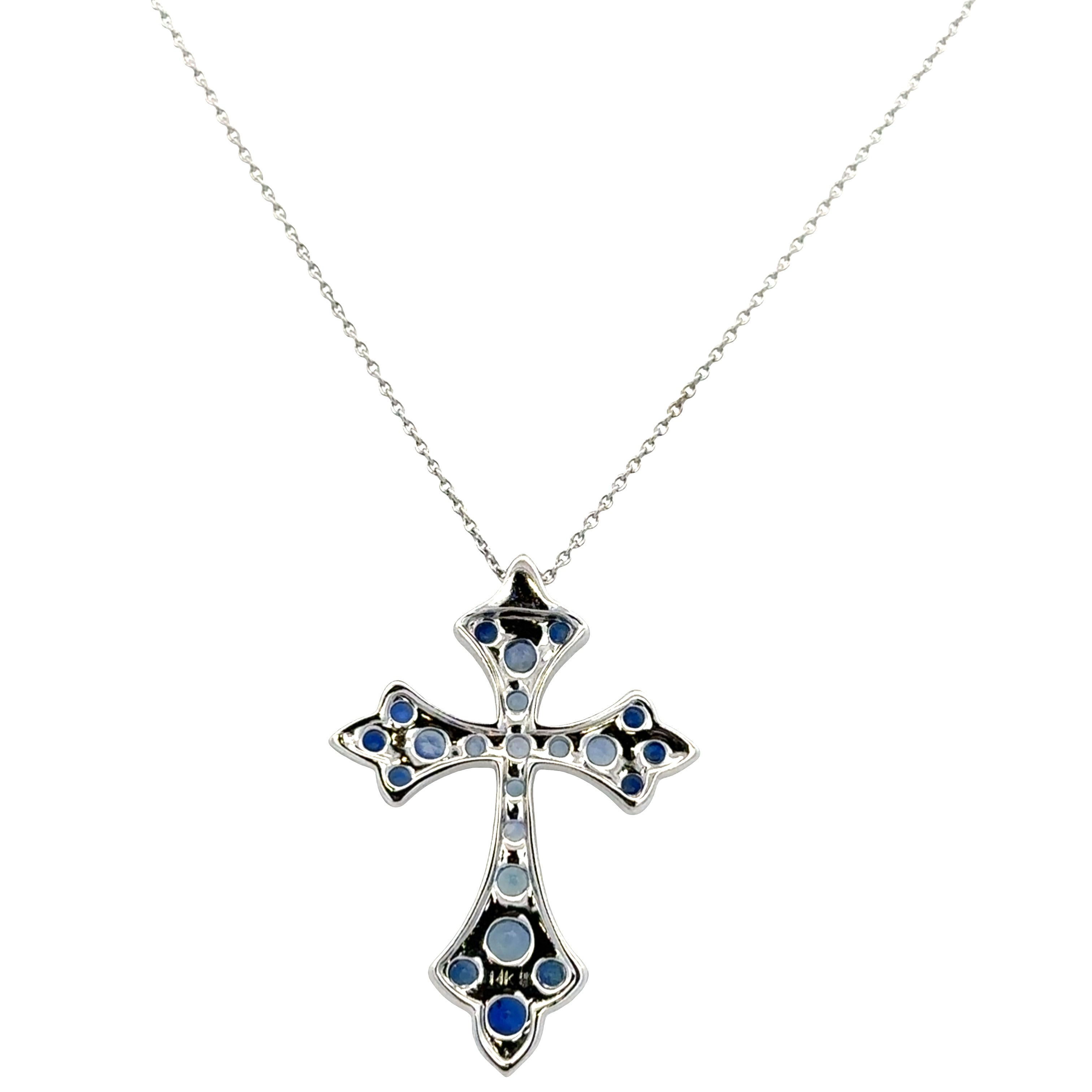 14k White Gold Blue Sapphire Cross Pendant Necklace – Adjustable 18"