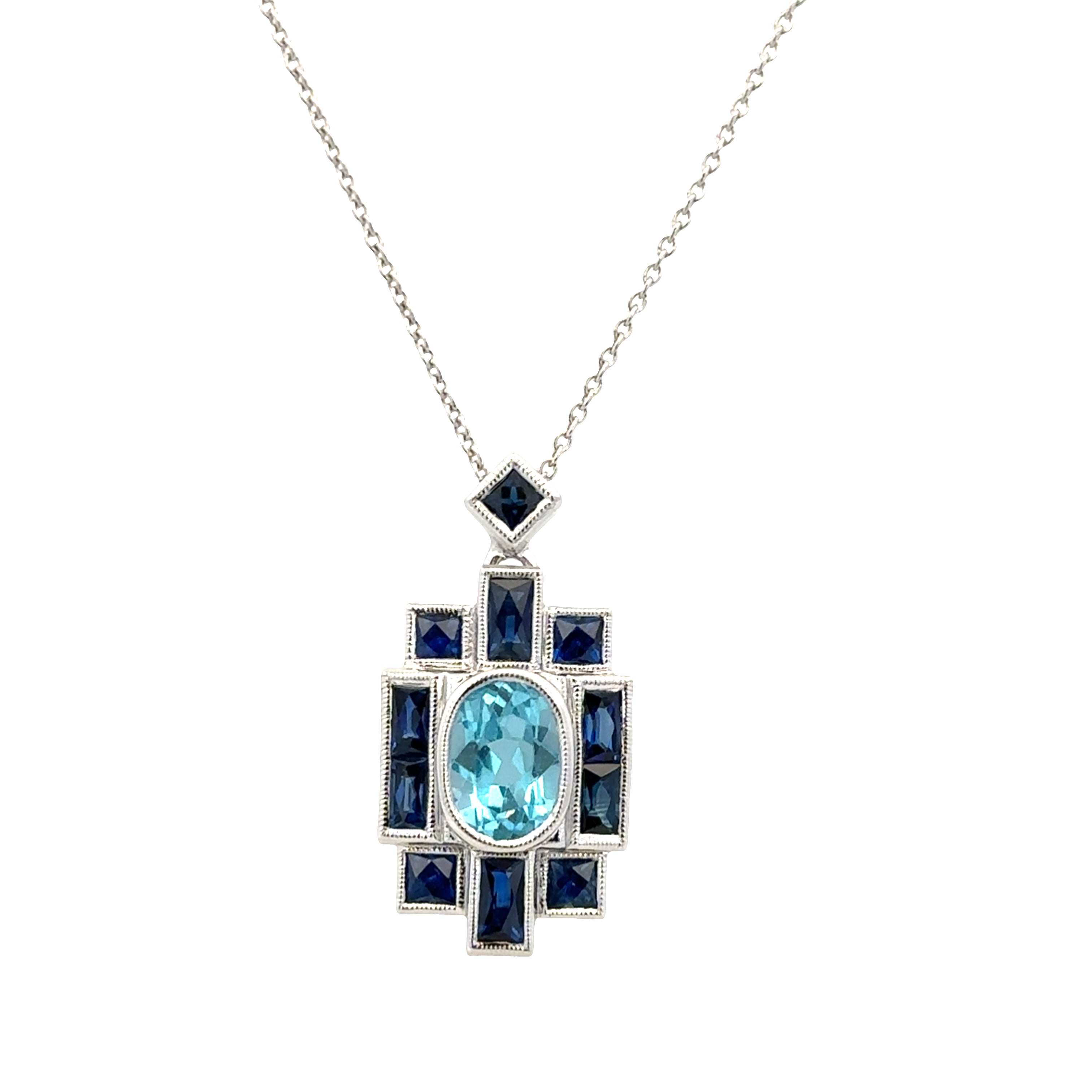 14k White Gold Blue Topaz & Sapphire Art Deco-Inspired Pendant Necklace – Adjustable 18"