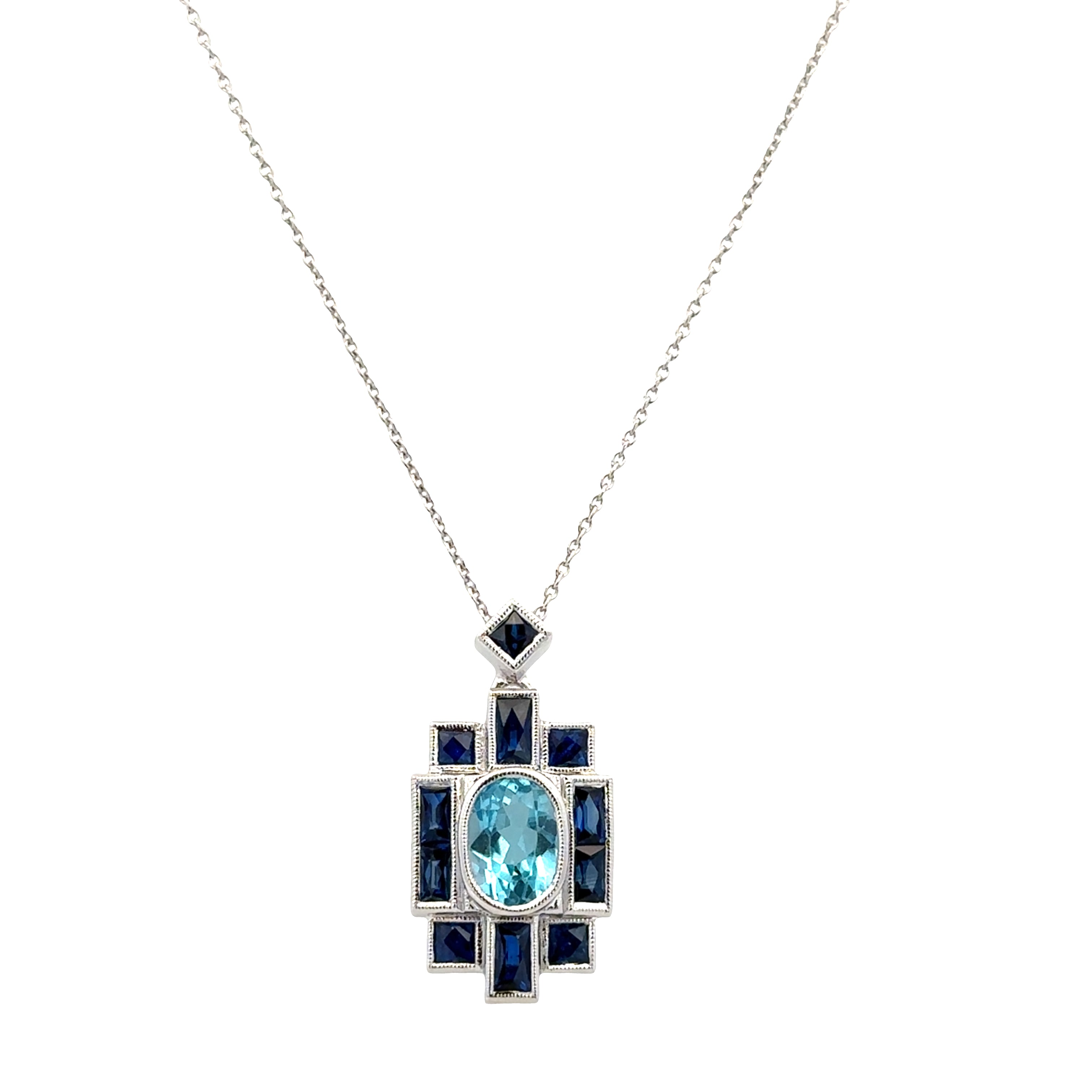 14k White Gold Blue Topaz & Sapphire Art Deco-Inspired Pendant Necklace – Adjustable 18"