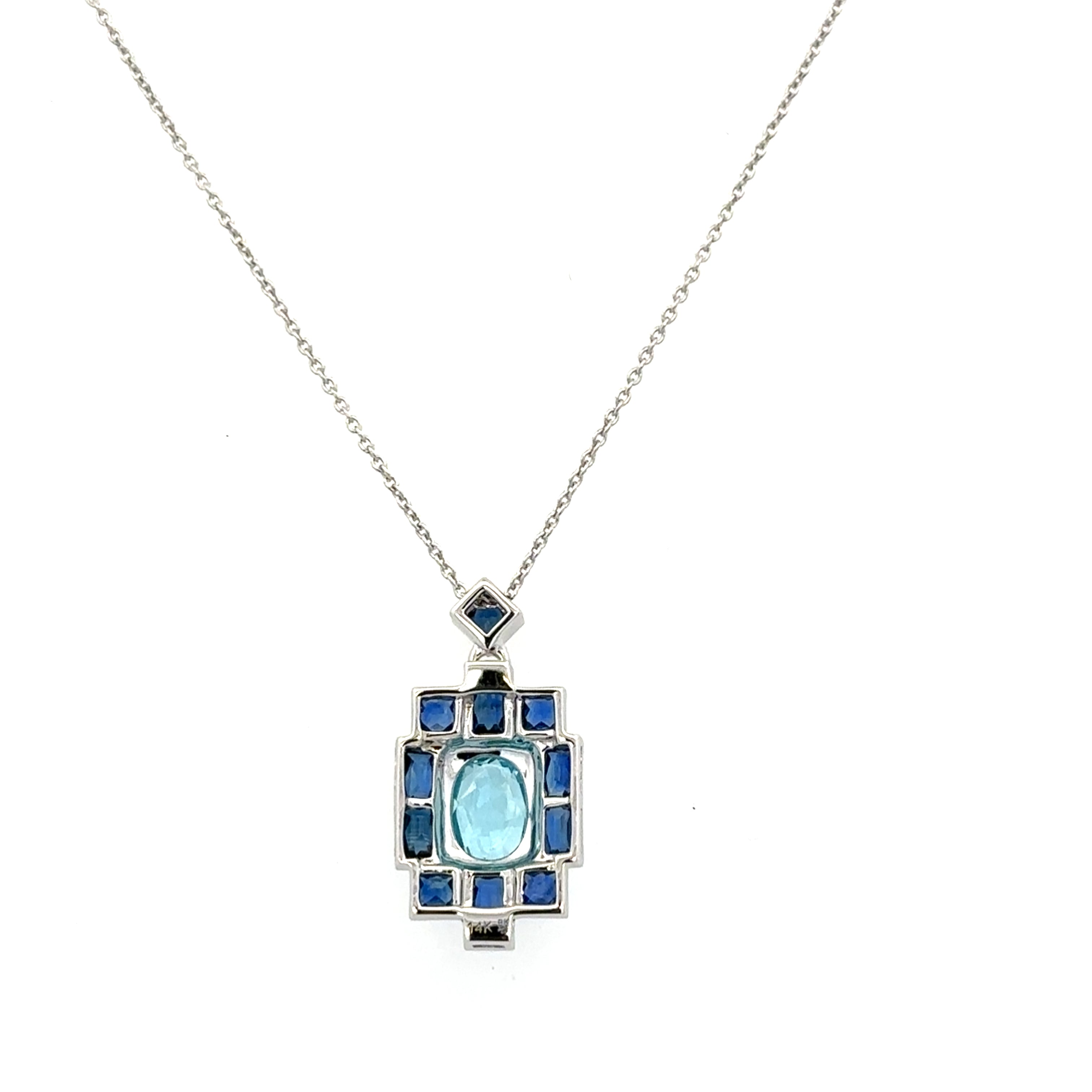 14k White Gold Blue Topaz & Sapphire Art Deco-Inspired Pendant Necklace – Adjustable 18"