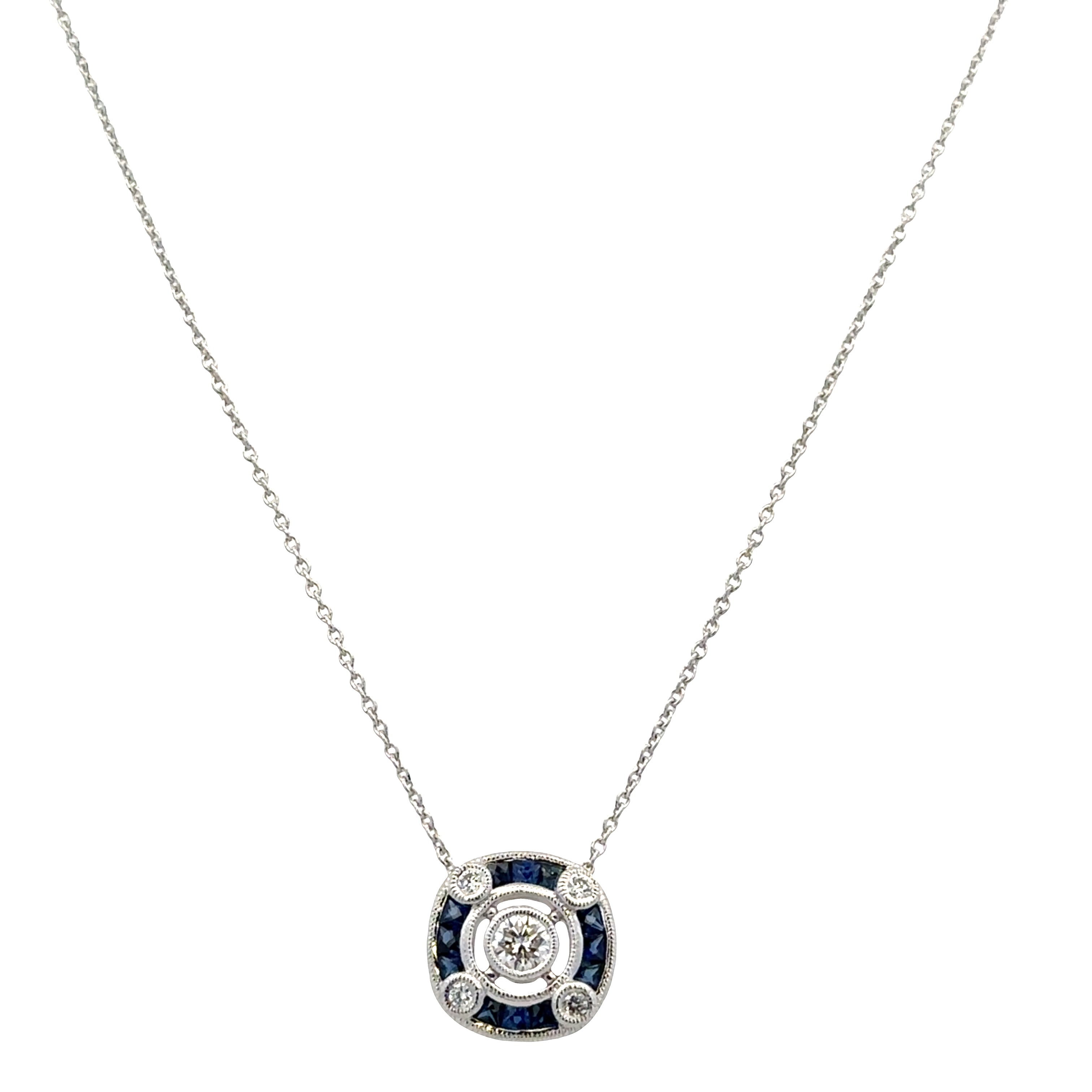 14k White Gold Art Deco-Inspired Sapphire & Diamond Pendant Necklace – Adjustable 18"