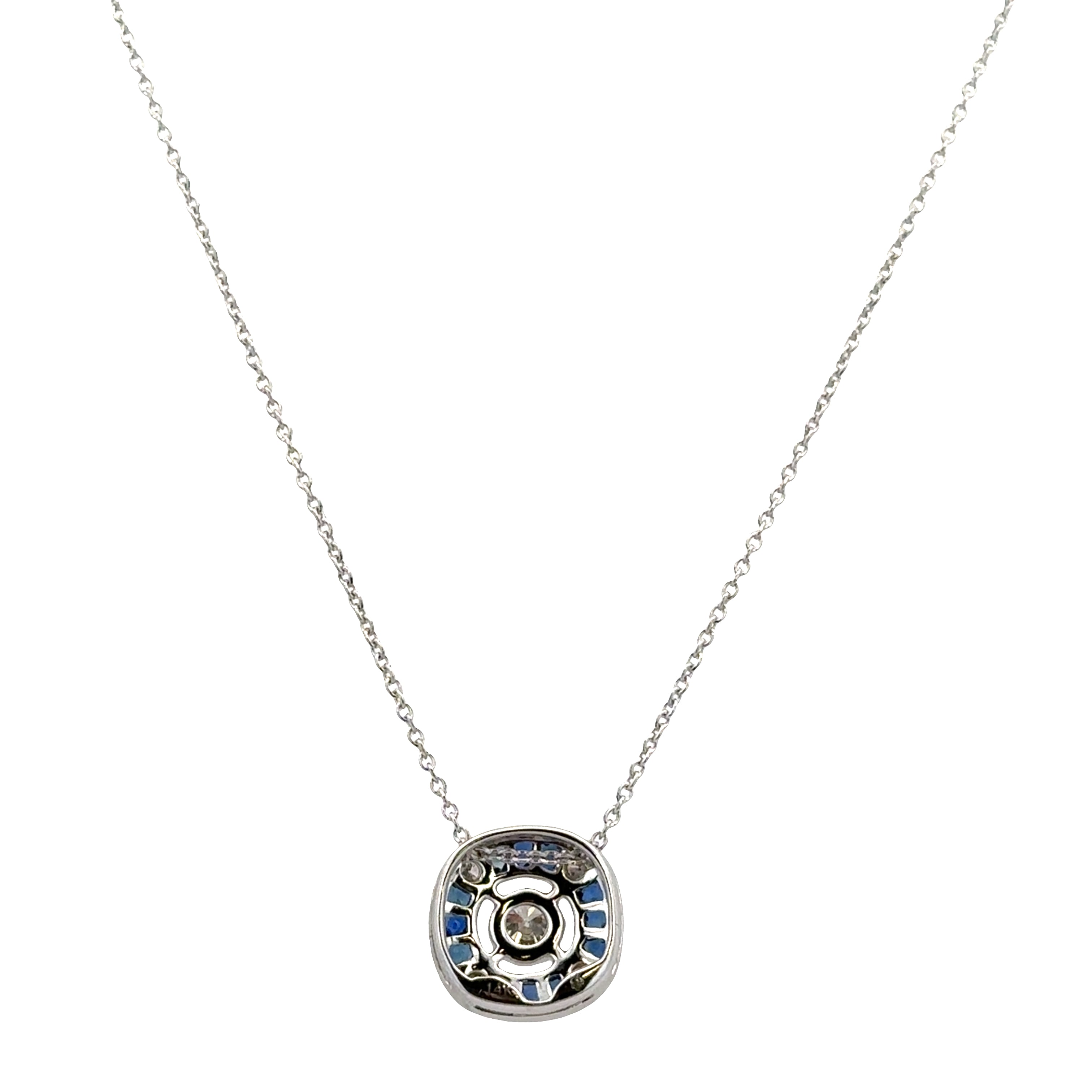 14k White Gold Art Deco-Inspired Sapphire & Diamond Pendant Necklace – Adjustable 18"