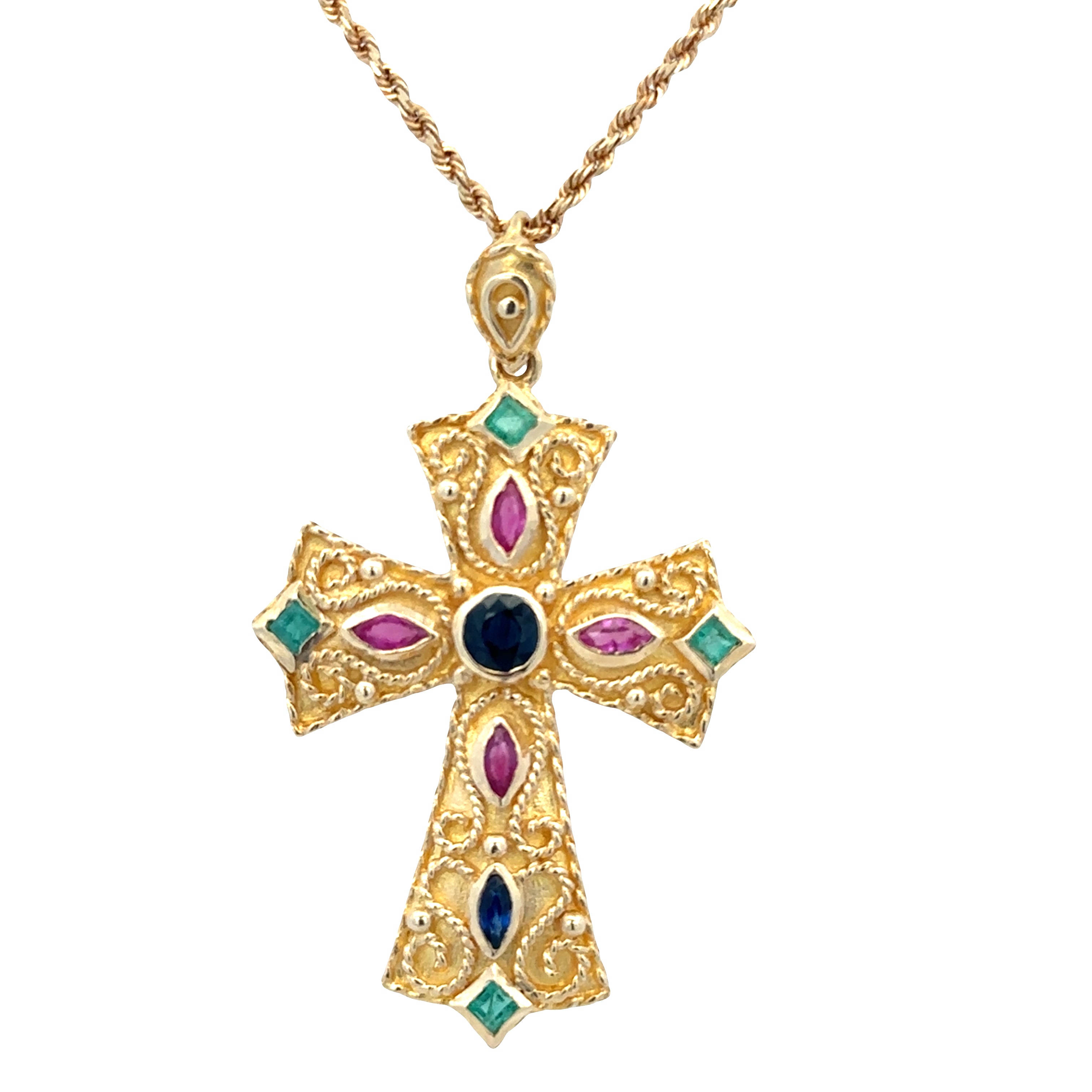 Vintage 18k Yellow Gold Etruscan Revival Gemstone Cross Pendant Necklace – 20"
