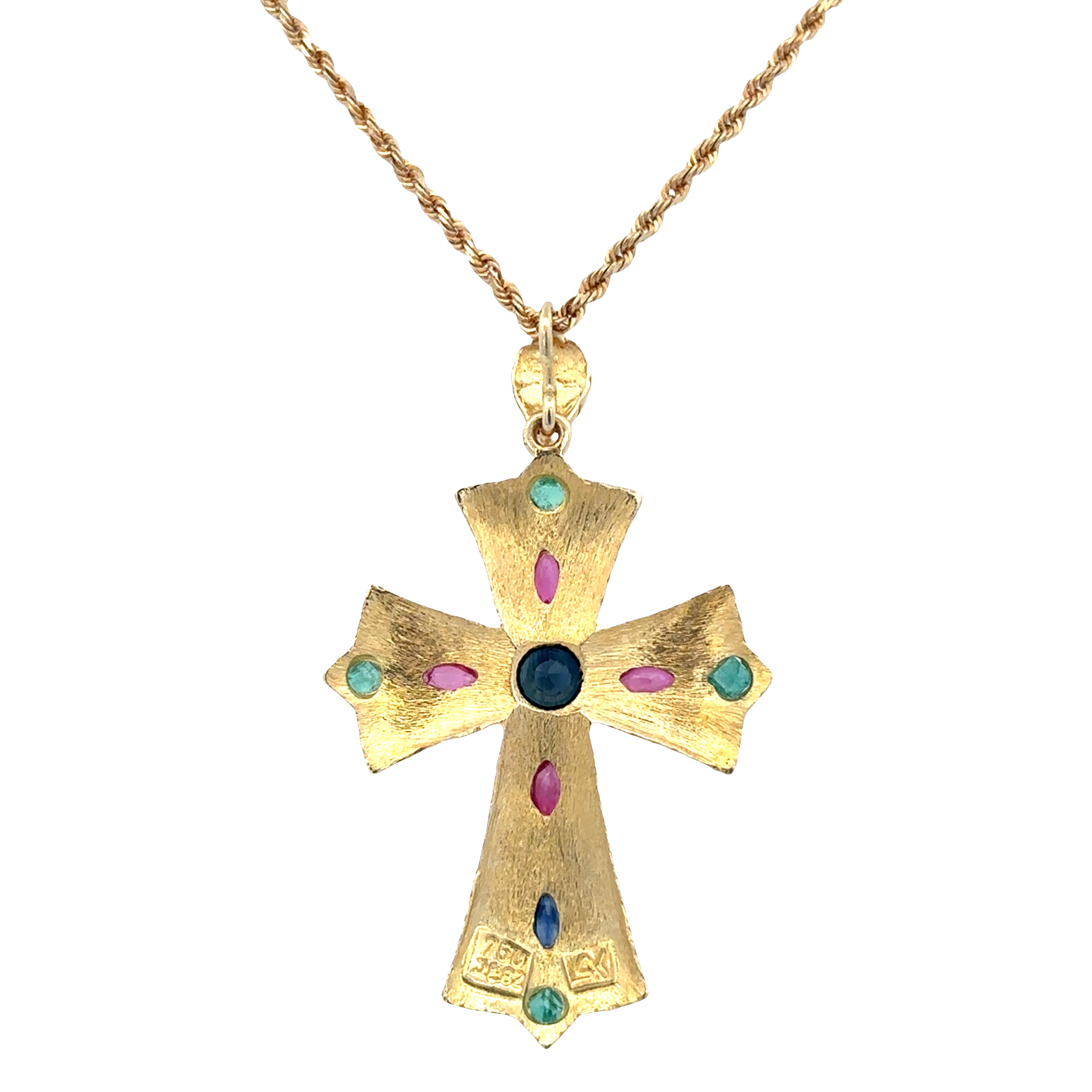 Vintage 18k Yellow Gold Etruscan Revival Gemstone Cross Pendant Necklace – 20"