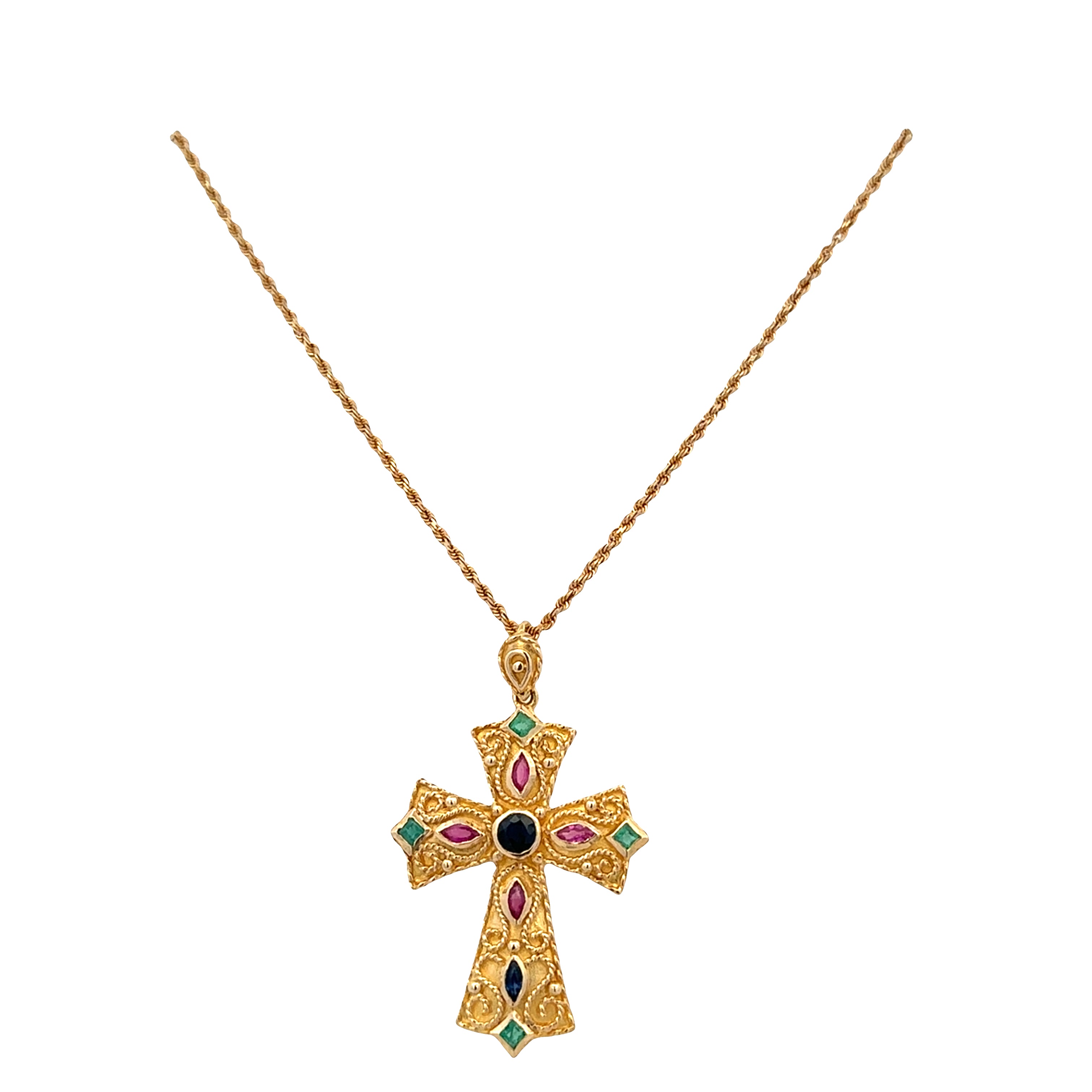 Vintage 18k Yellow Gold Etruscan Revival Gemstone Cross Pendant Necklace – 20"