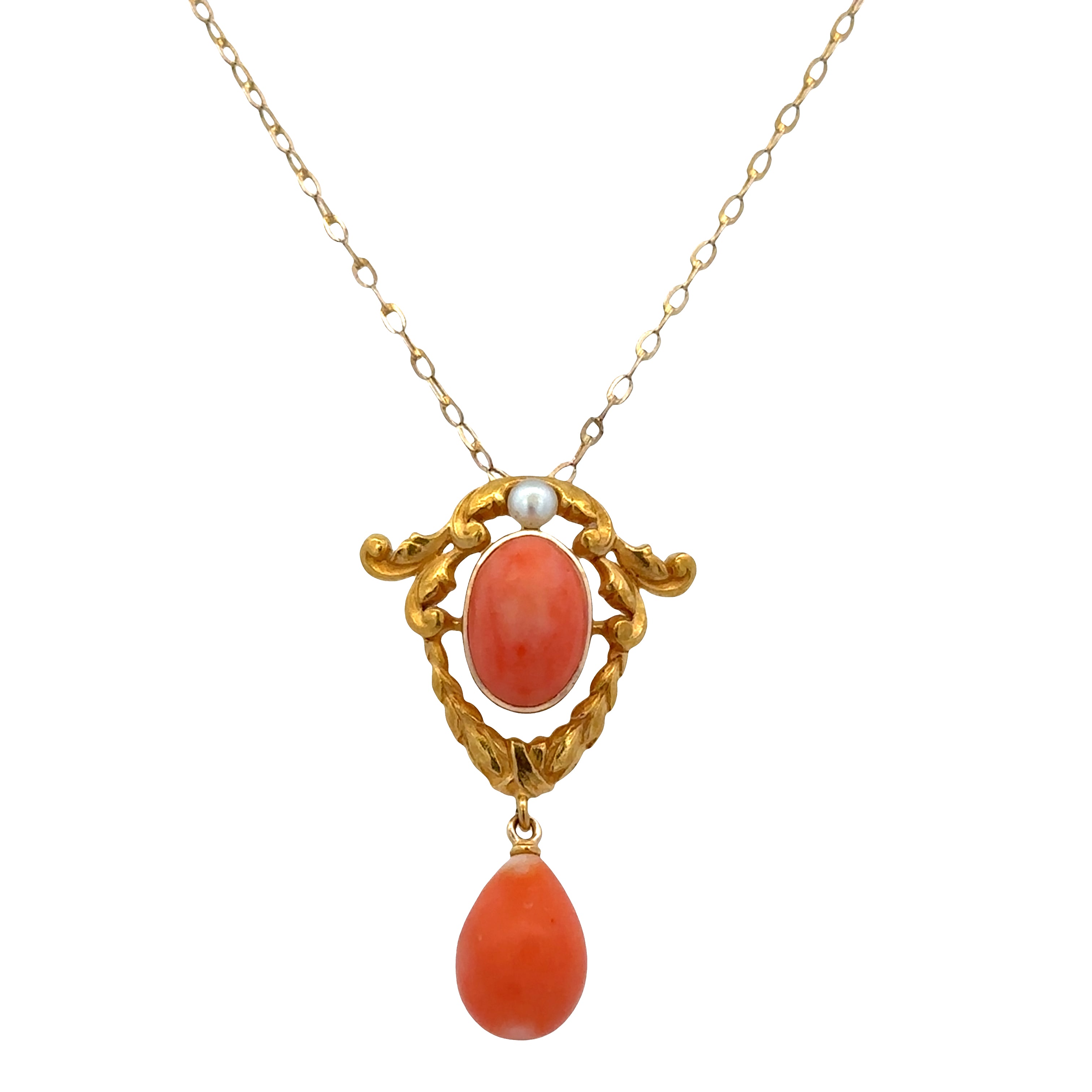 Antique Art Nouveau 14k Yellow Gold Coral & Seed Pearl Lavalier Pendant Necklace – 16", Circa 1910s