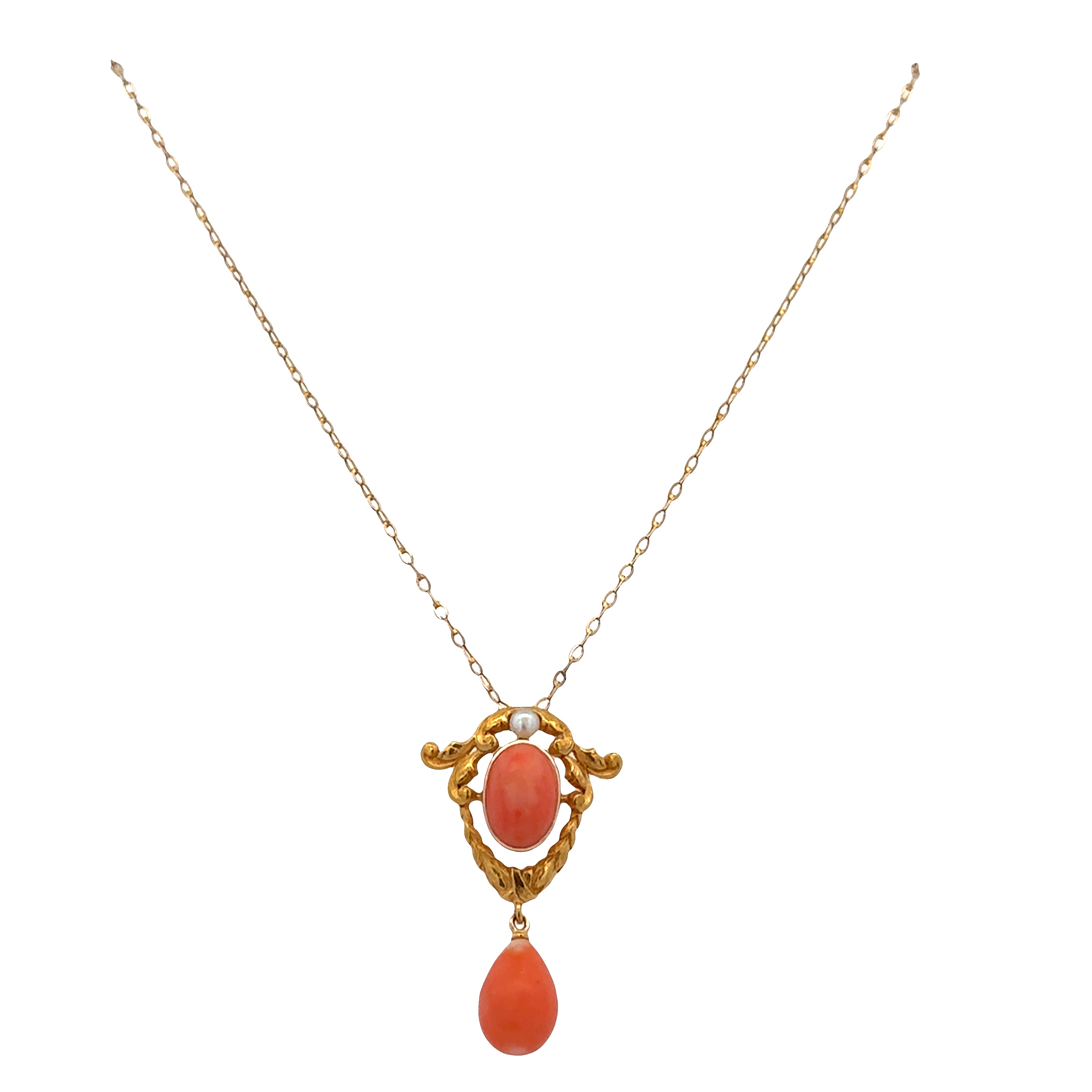 Antique Art Nouveau 14k Yellow Gold Coral & Seed Pearl Lavalier Pendant Necklace – 16", Circa 1910s