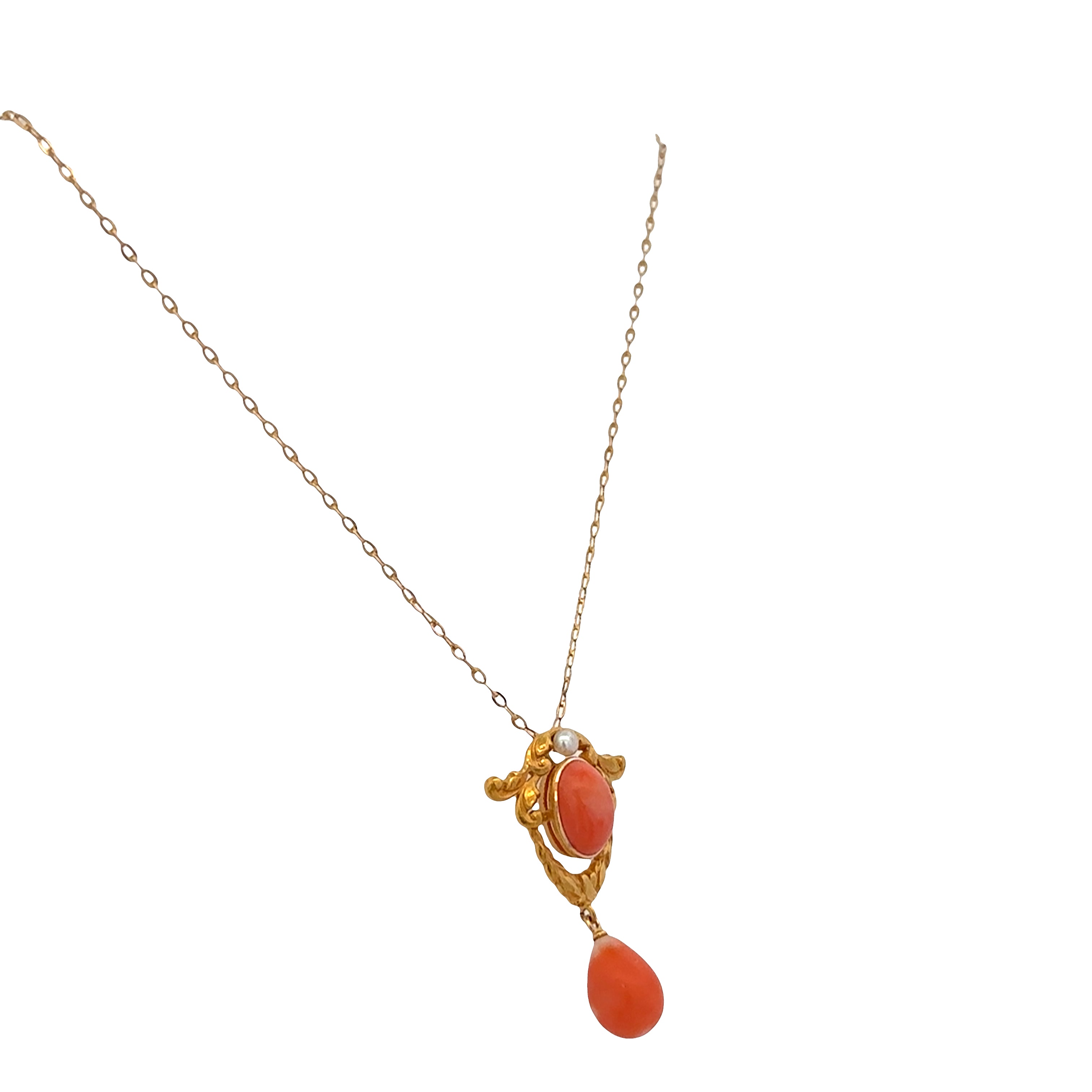 Antique Art Nouveau 14k Yellow Gold Coral & Seed Pearl Lavalier Pendant Necklace – 16", Circa 1910s