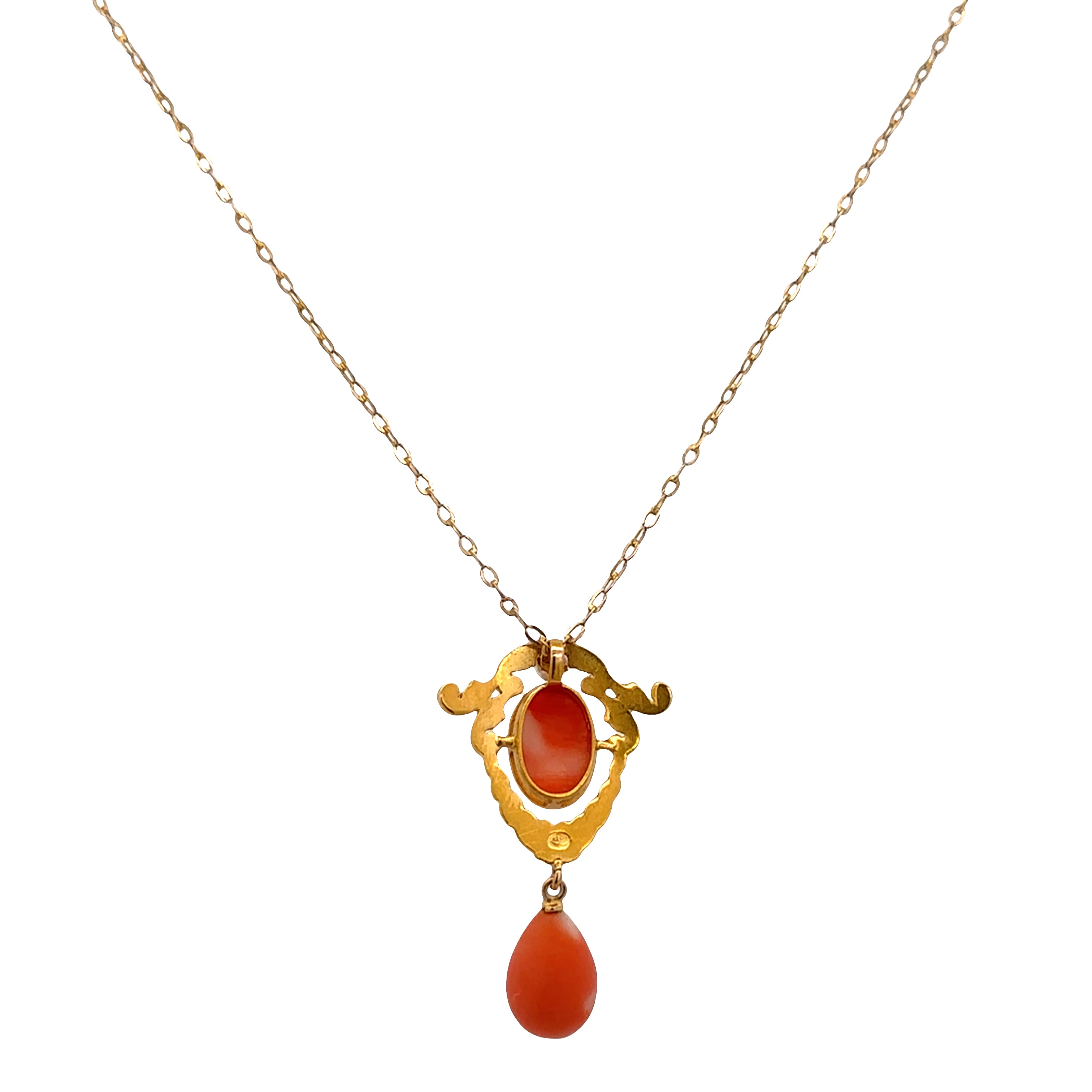 Antique Art Nouveau 14k Yellow Gold Coral & Seed Pearl Lavalier Pendant Necklace – 16", Circa 1910s