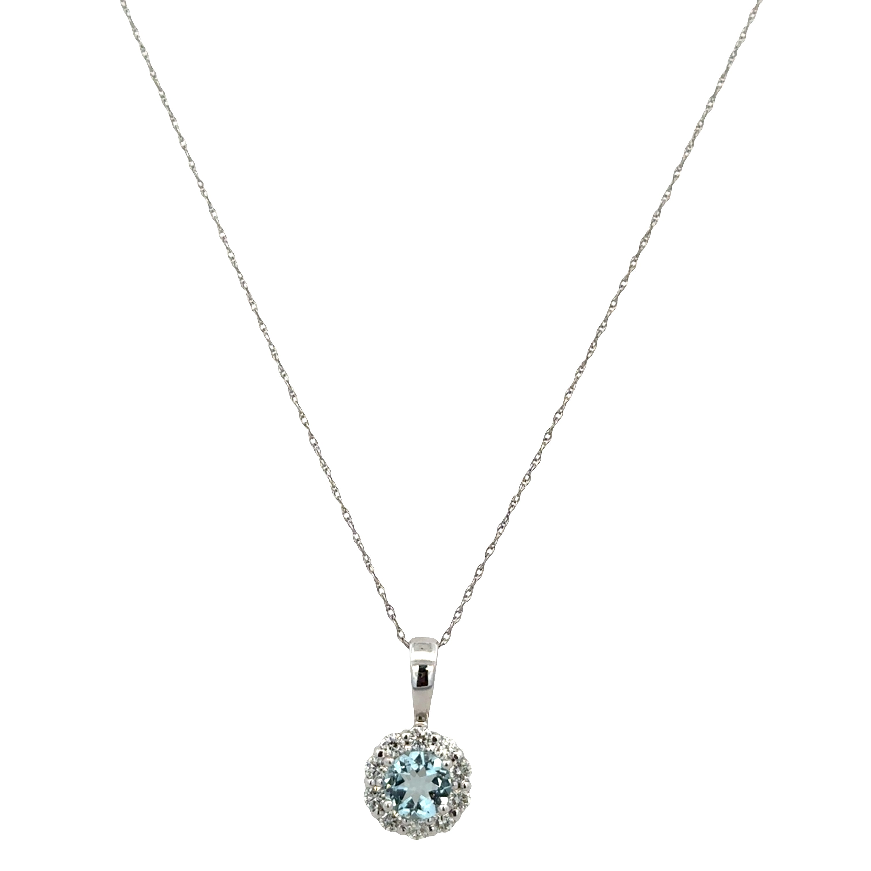 14k White Gold Aquamarine & Diamond Halo Pendant Necklace – 18"