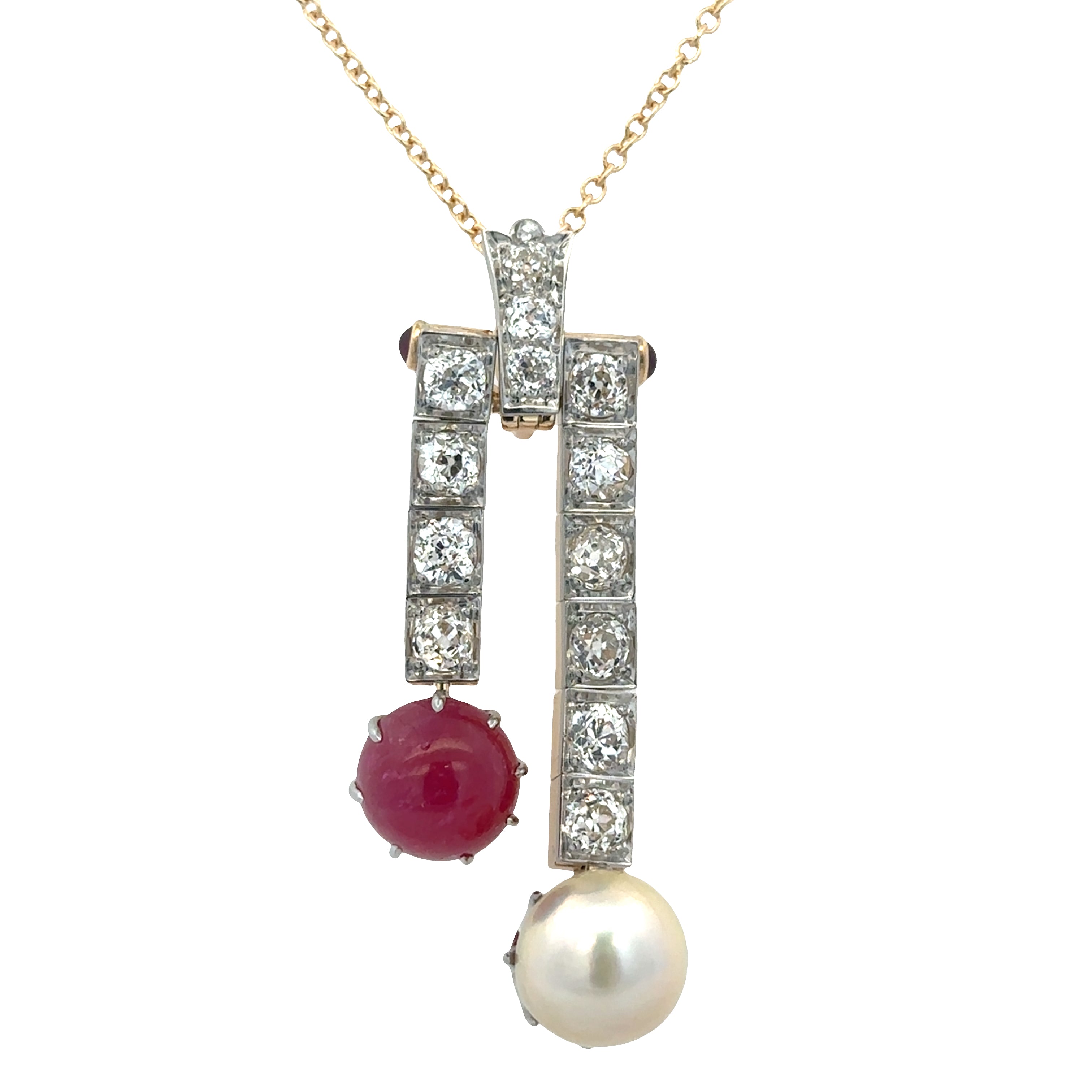 Antique Edwardian Platinum Topped 18k Yellow Gold Ruby, Diamond & Akoya Pearl Negligee Pendant Necklace – Circa 1910s
