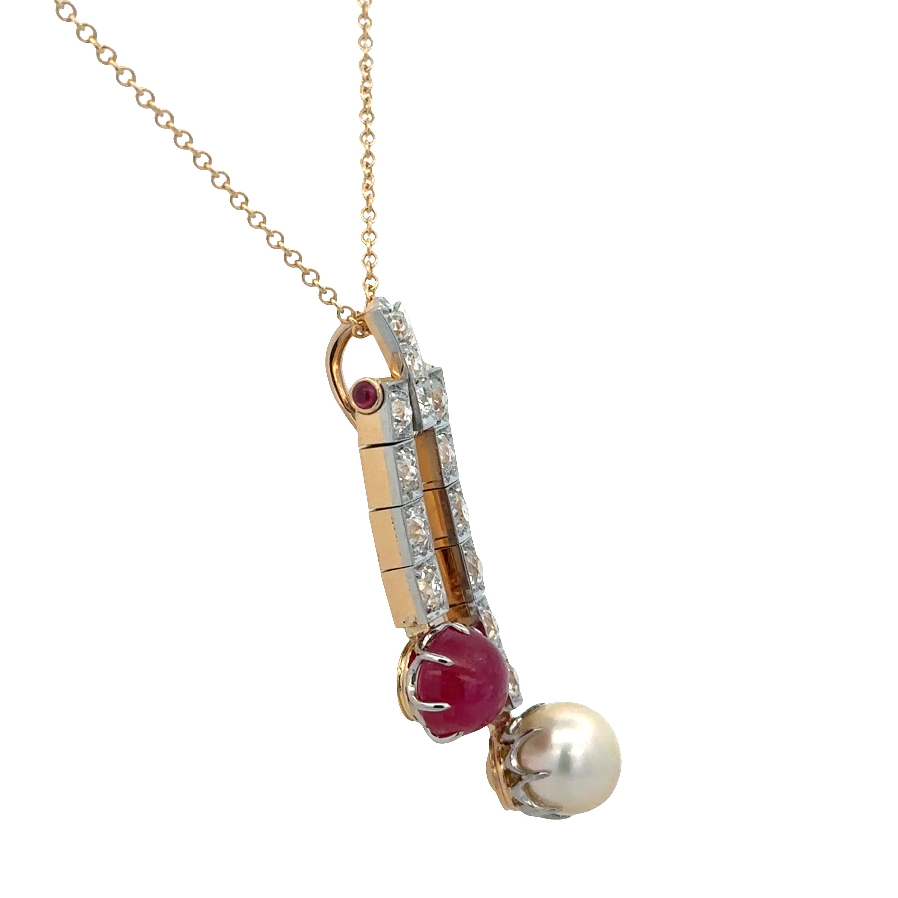 Antique Edwardian Platinum Topped 18k Yellow Gold Ruby, Diamond & Akoya Pearl Negligee Pendant Necklace – Circa 1910s