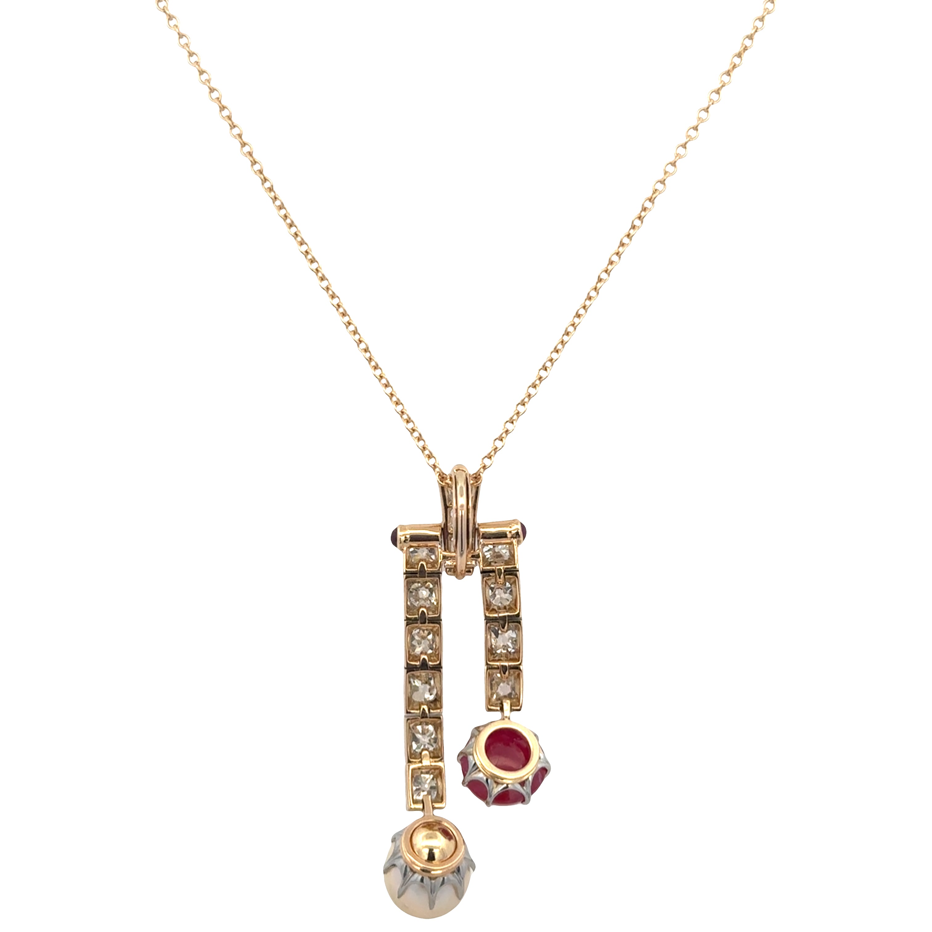 Antique Edwardian Platinum Topped 18k Yellow Gold Ruby, Diamond & Akoya Pearl Negligee Pendant Necklace – Circa 1910s