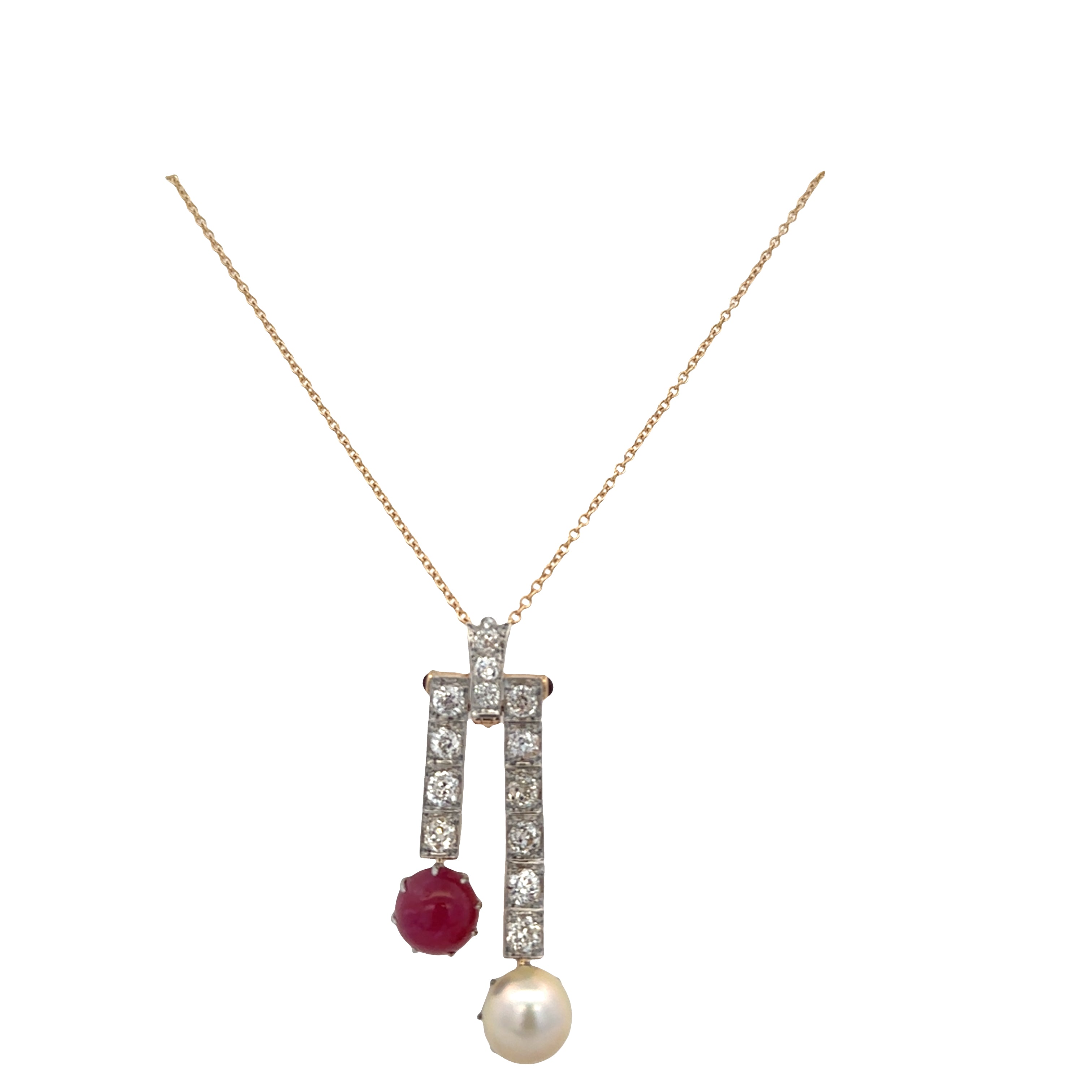 Antique Edwardian Platinum Topped 18k Yellow Gold Ruby, Diamond & Akoya Pearl Negligee Pendant Necklace – Circa 1910s