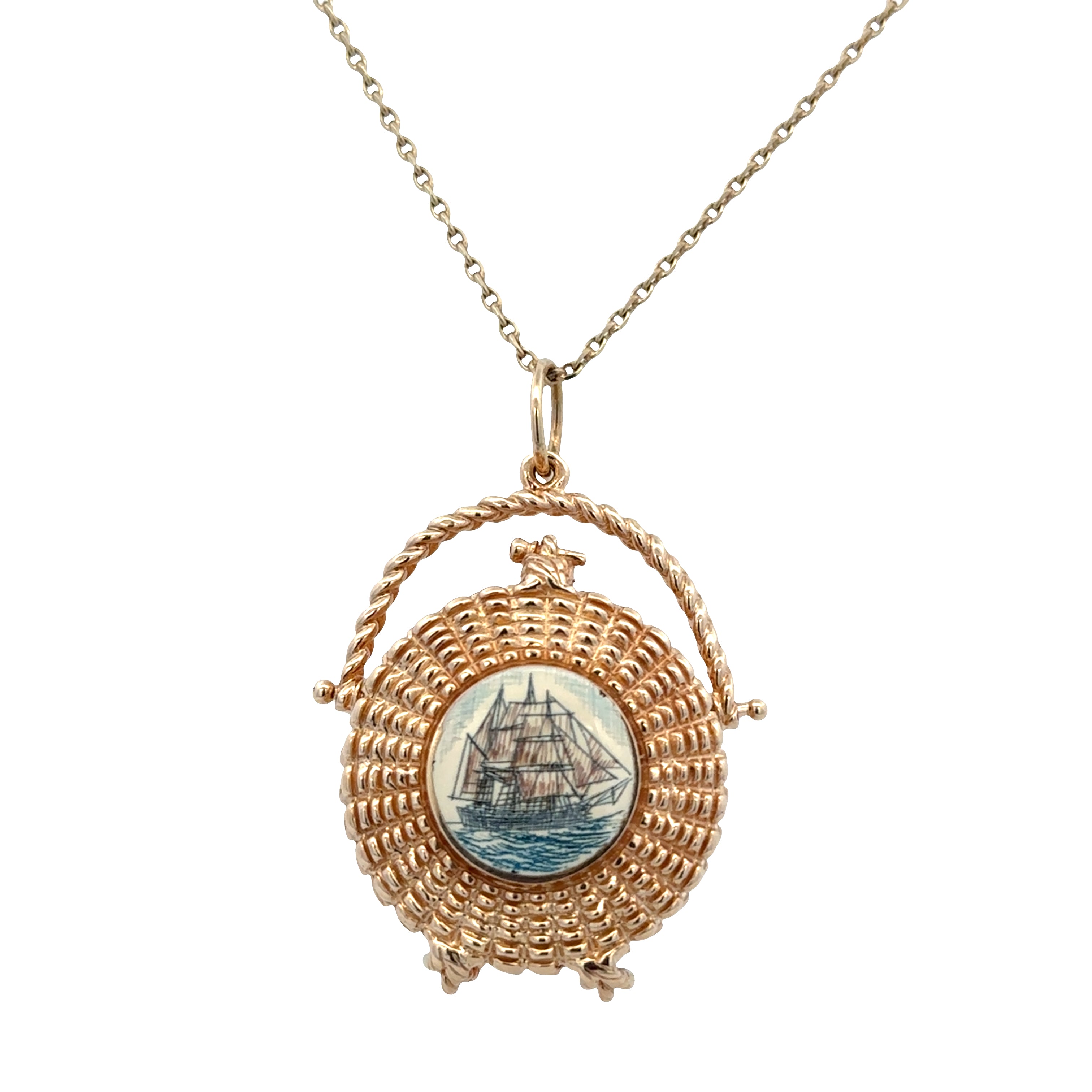 Vintage 14k Yellow Gold Nantucket Lightship Basket Pendant Necklace with Scrimshaw Sailboat Locket – Circa 1998