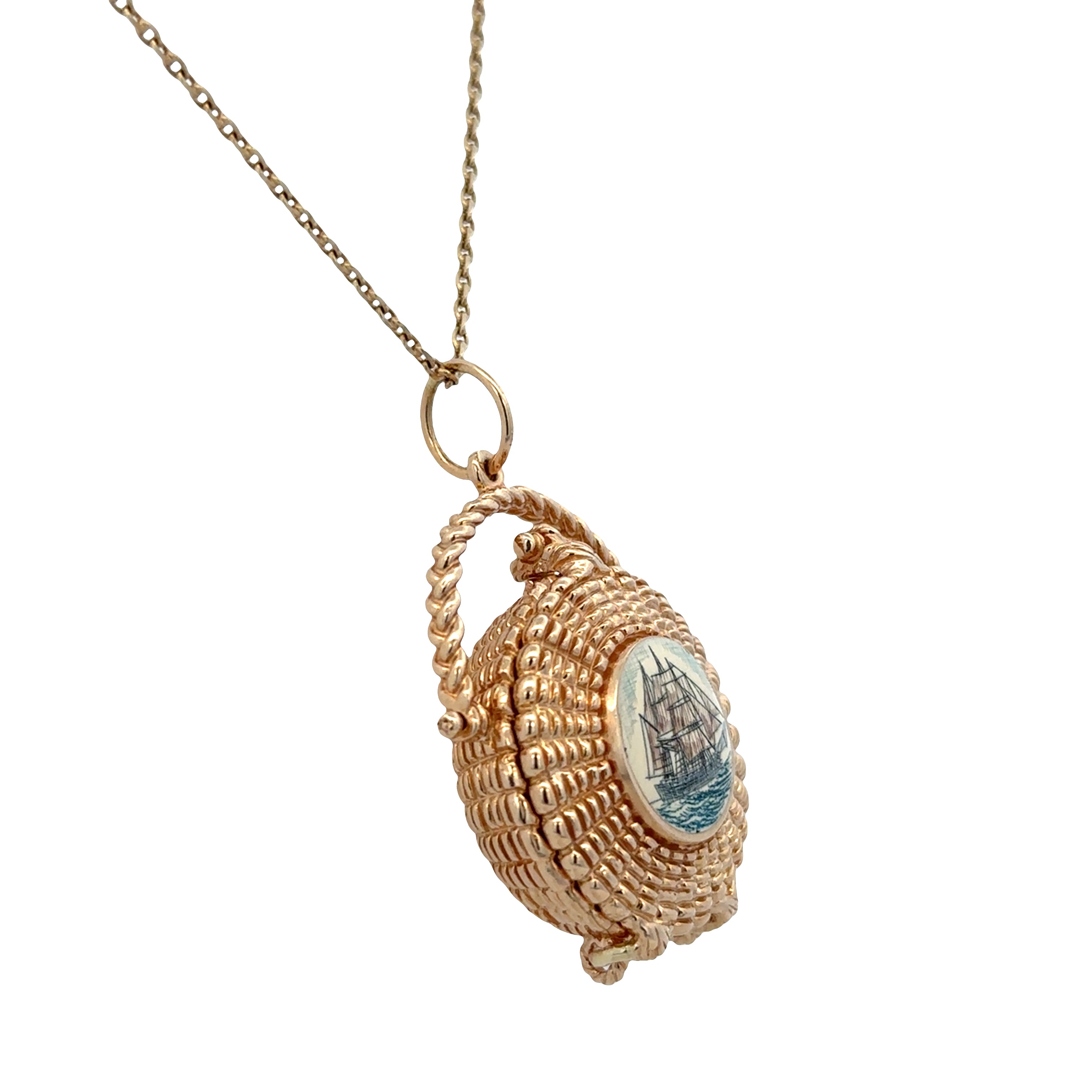 Vintage 14k Yellow Gold Nantucket Lightship Basket Pendant Necklace with Scrimshaw Sailboat Locket – Circa 1998