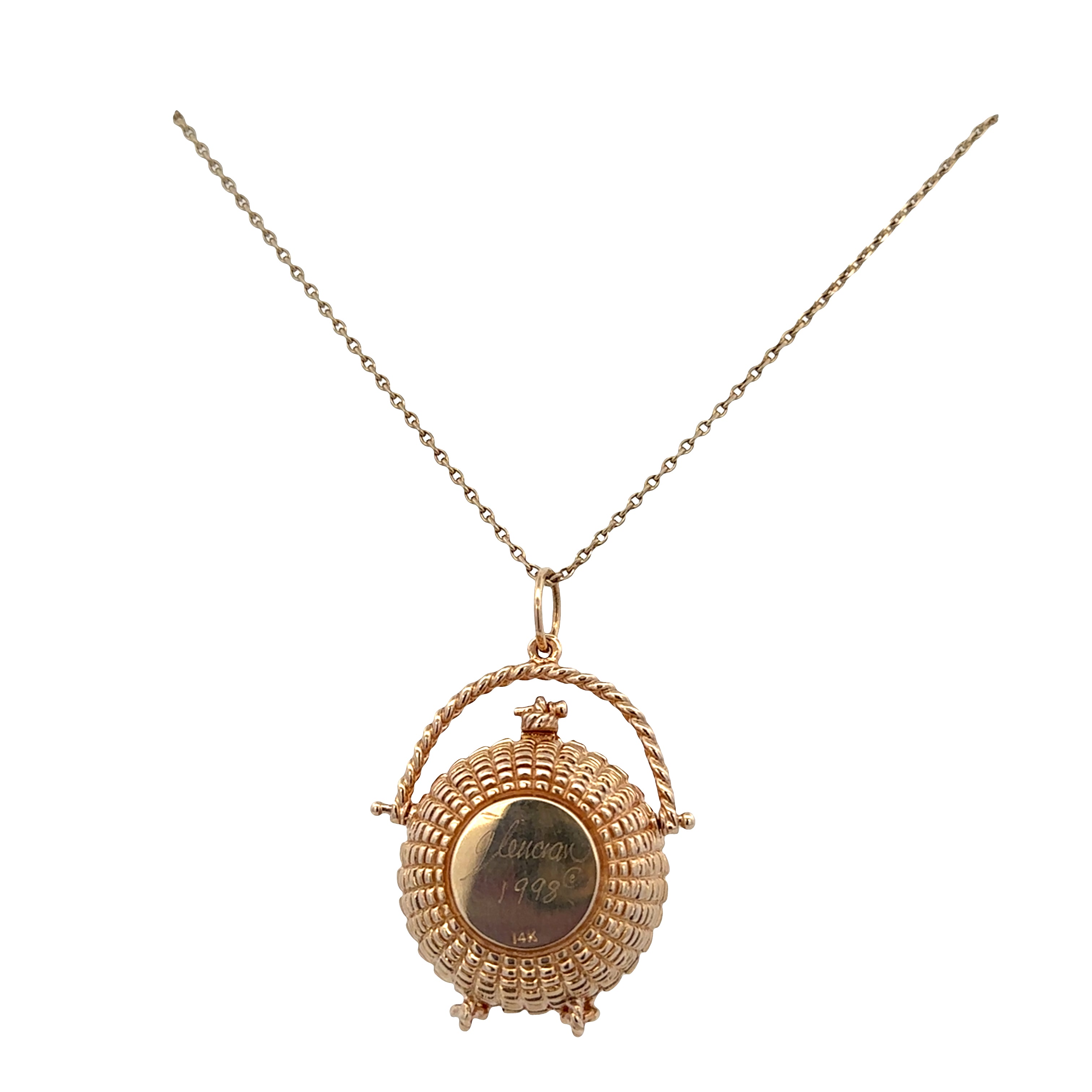 Vintage 14k Yellow Gold Nantucket Lightship Basket Pendant Necklace with Scrimshaw Sailboat Locket – Circa 1998