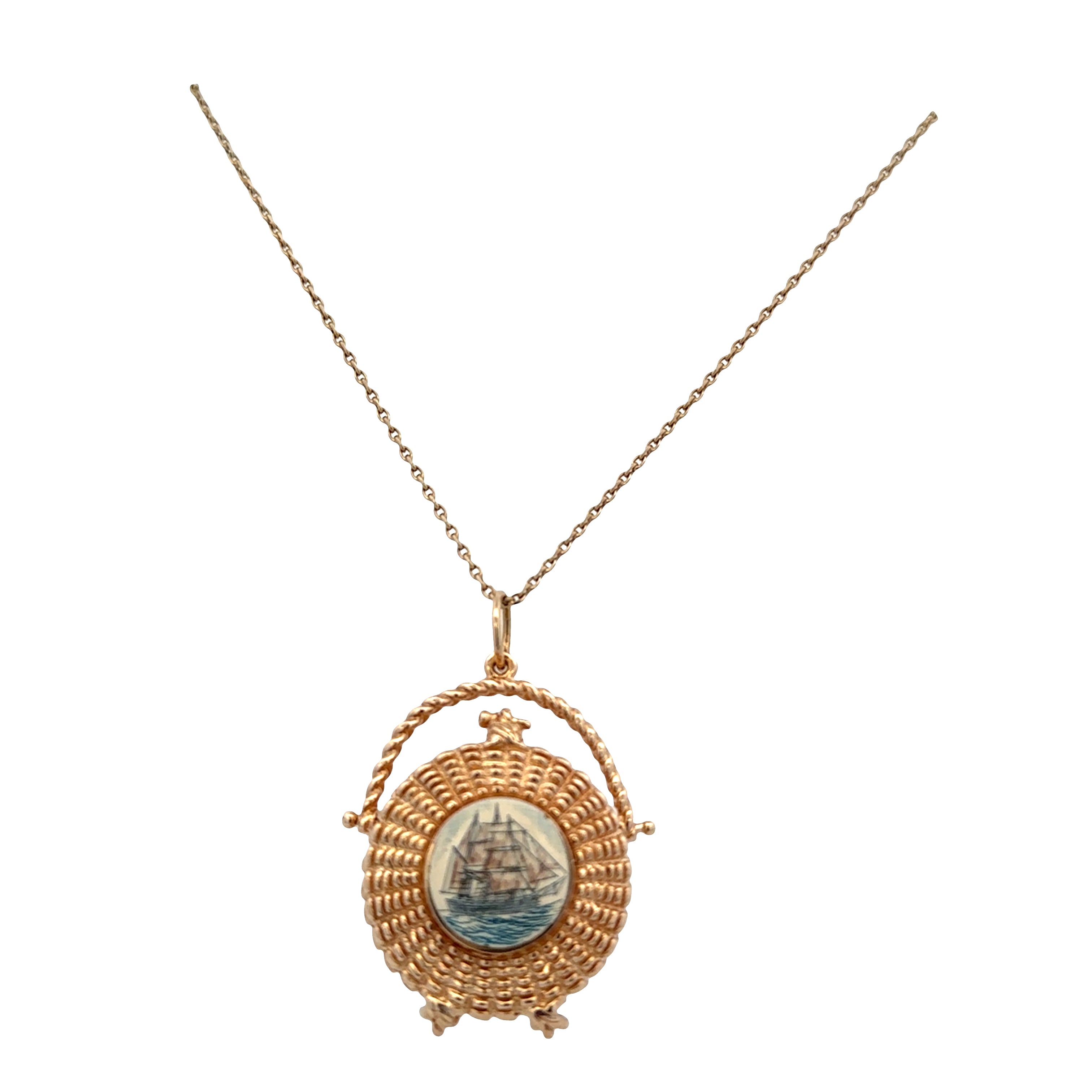 Vintage 14k Yellow Gold Nantucket Lightship Basket Pendant Necklace with Scrimshaw Sailboat Locket – Circa 1998