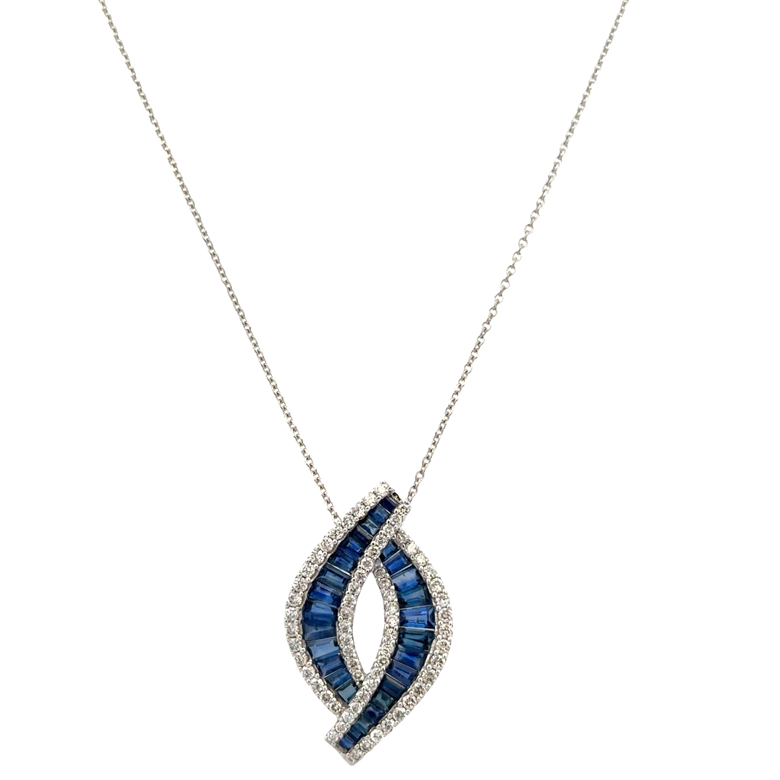 14k White Gold Sapphire & Diamond Twisting Navette Pendant Necklace – 16"