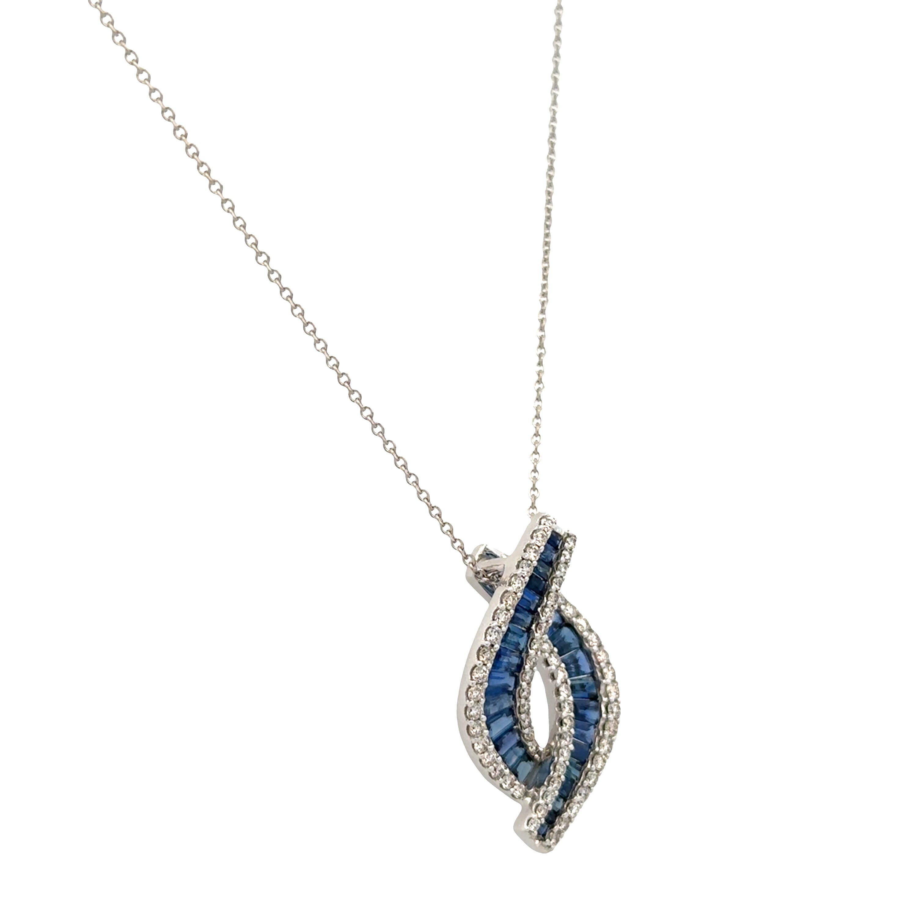 14k White Gold Sapphire & Diamond Twisting Navette Pendant Necklace – 16"