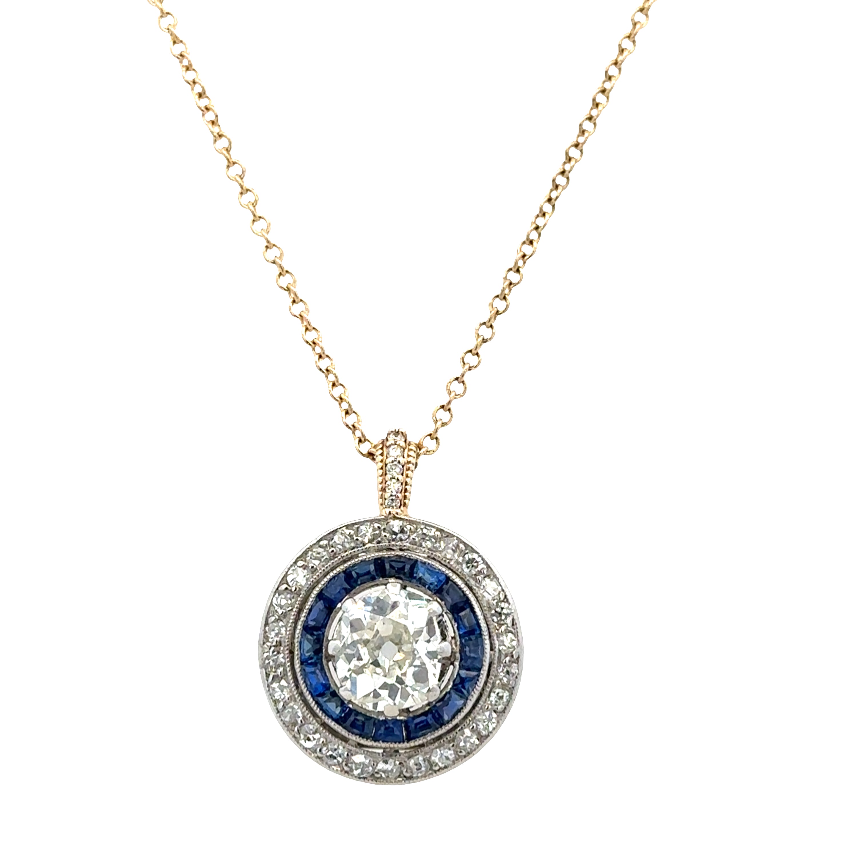 Antique Art Deco Platinum & 14k Yellow Gold Diamond and Sapphire Pendant Necklace – 16"