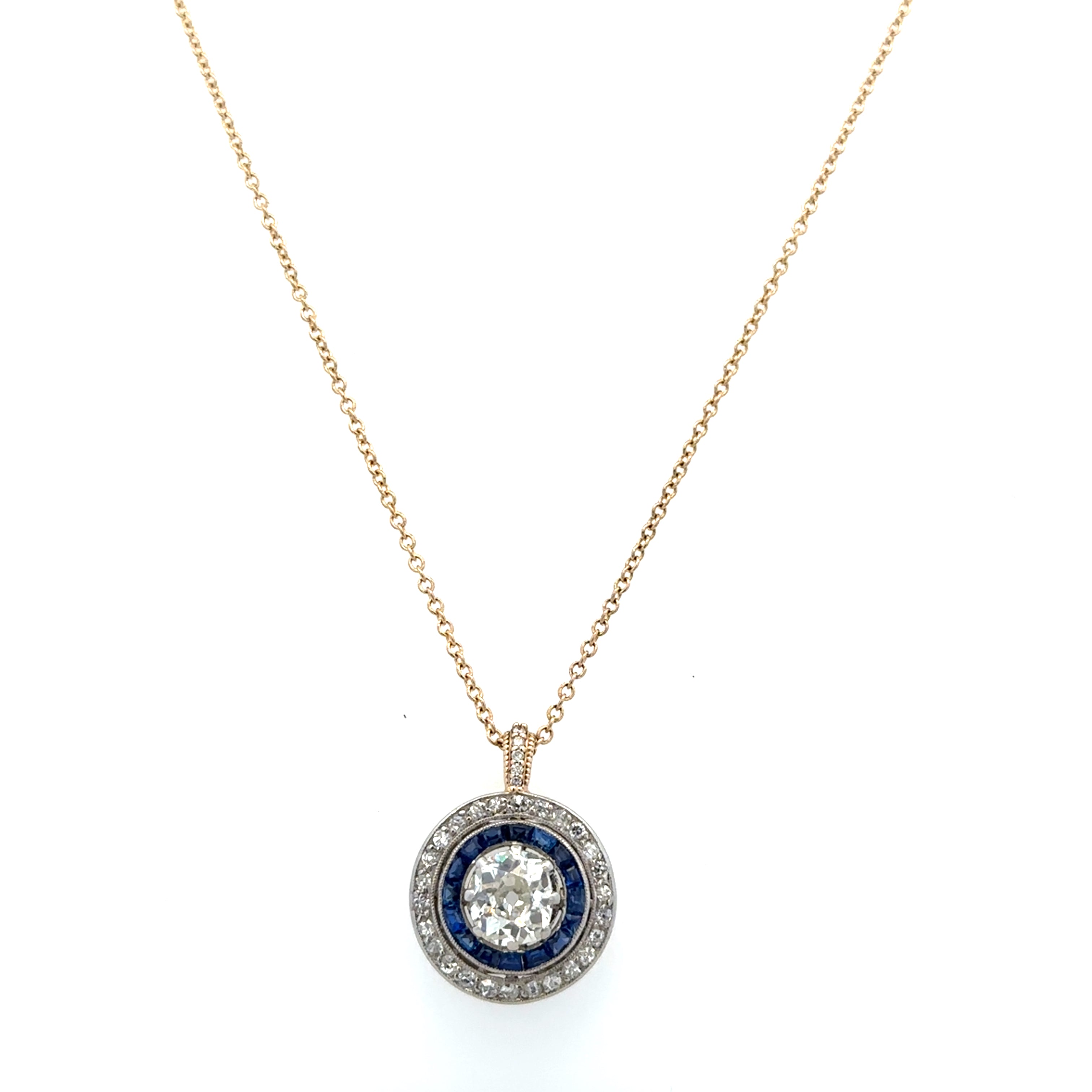 Antique Art Deco Platinum & 14k Yellow Gold Diamond and Sapphire Pendant Necklace – 16"
