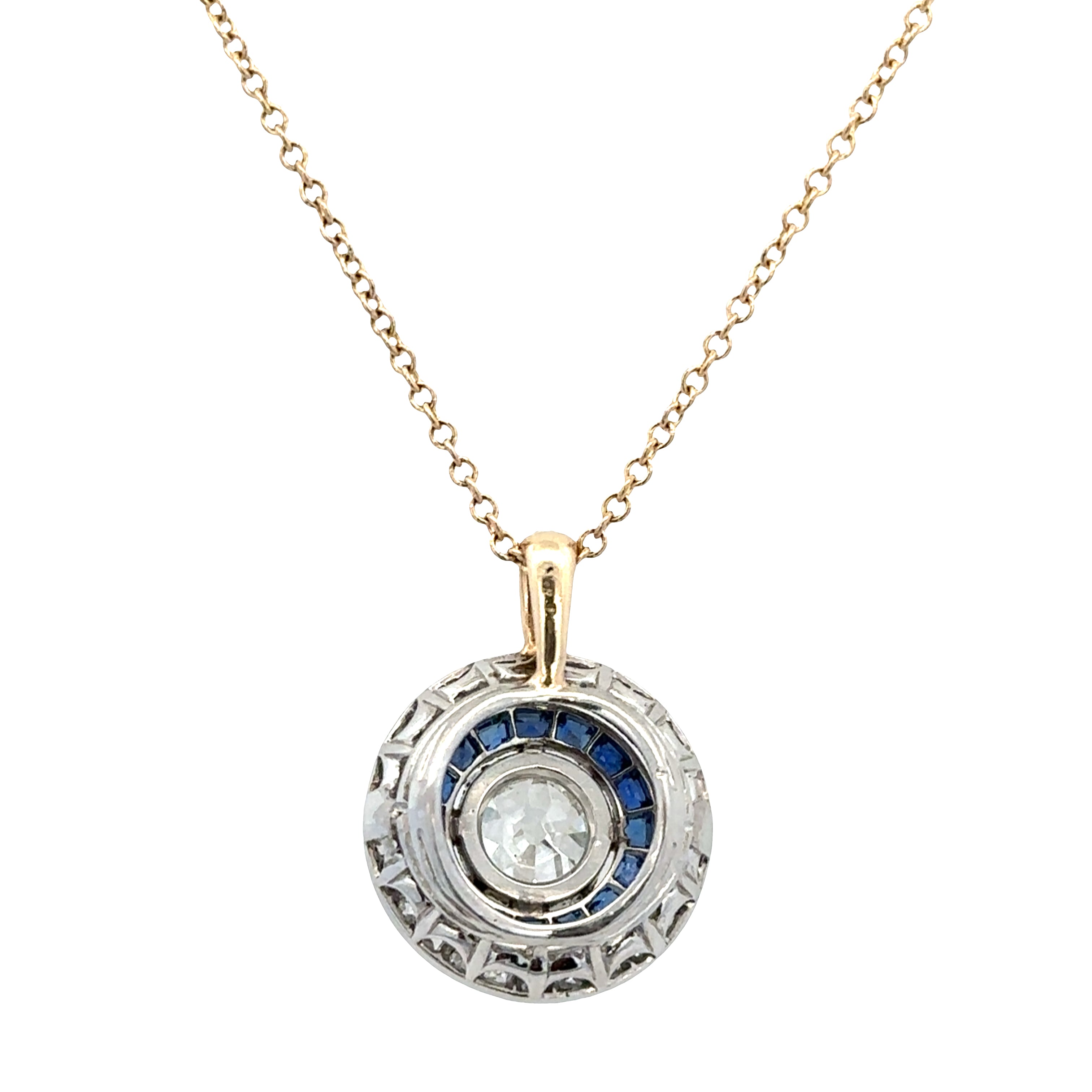 Antique Art Deco Platinum & 14k Yellow Gold Diamond and Sapphire Pendant Necklace – 16"