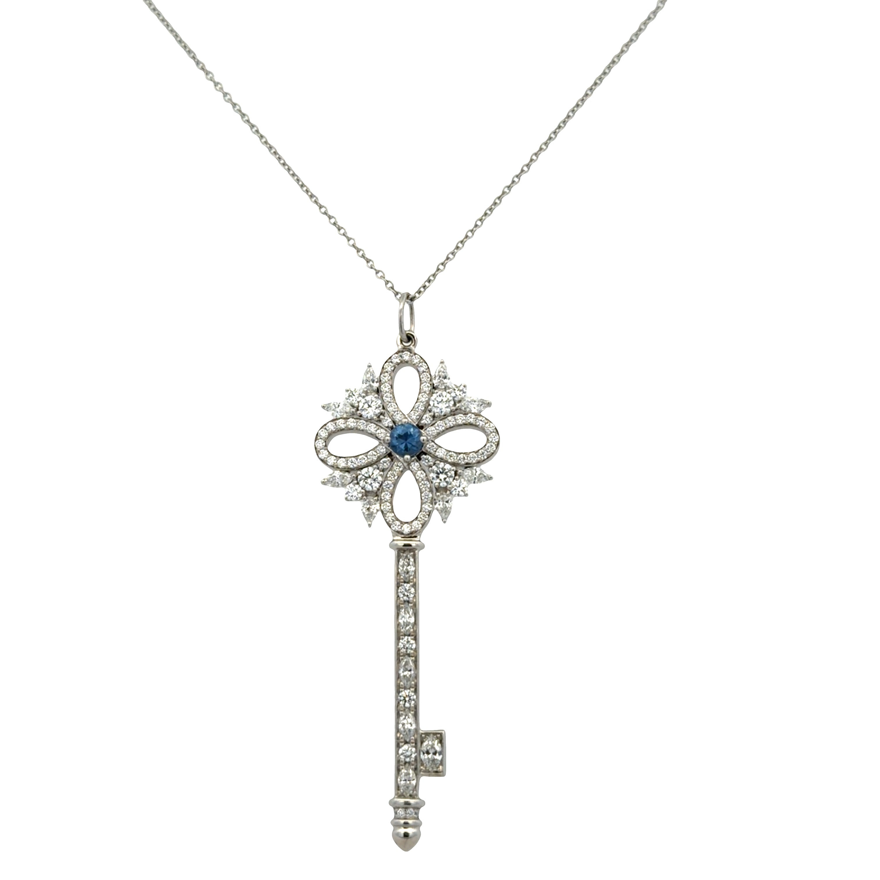 Estate Tiffany & Co. Platinum Sapphire & 1.14 CT Diamond Key Pendant Necklace – 20"