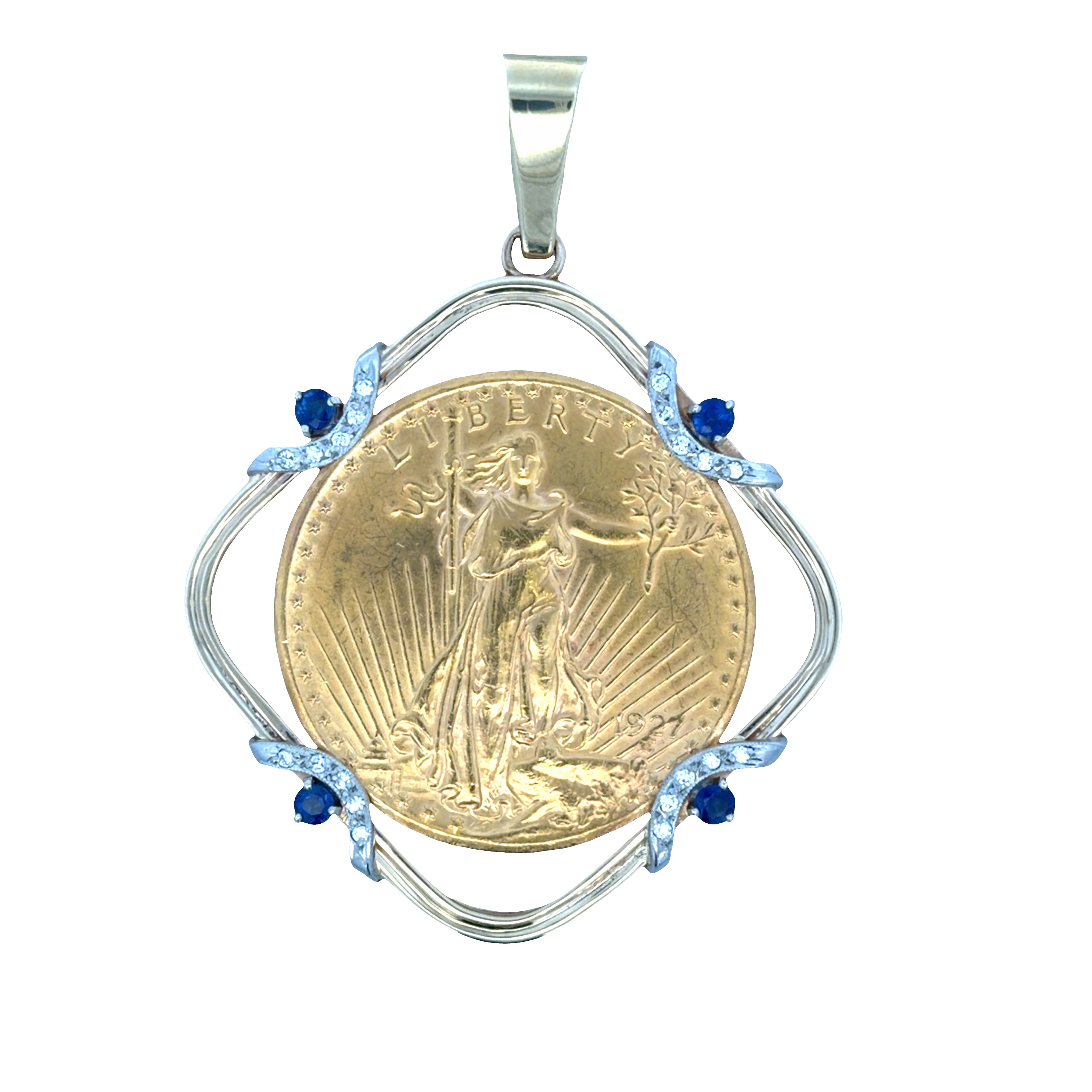 1927 Saint-Gaudens Double Eagle Gold Coin, Sapphire & Diamond Pendant