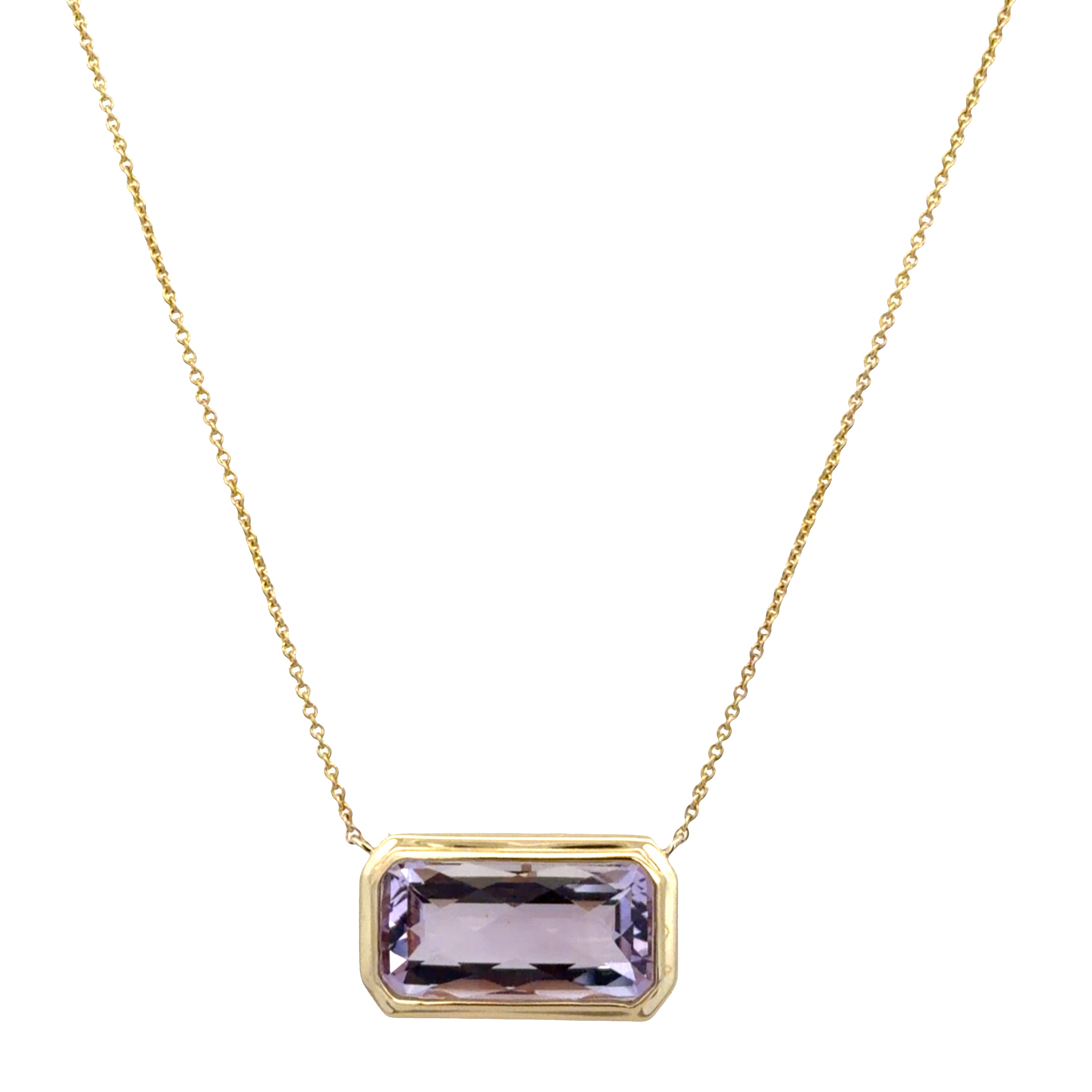 14k Yellow Gold 7.87 CT Cushion Cut Amethyst Bezel Necklace – Adjustable 16"–18"