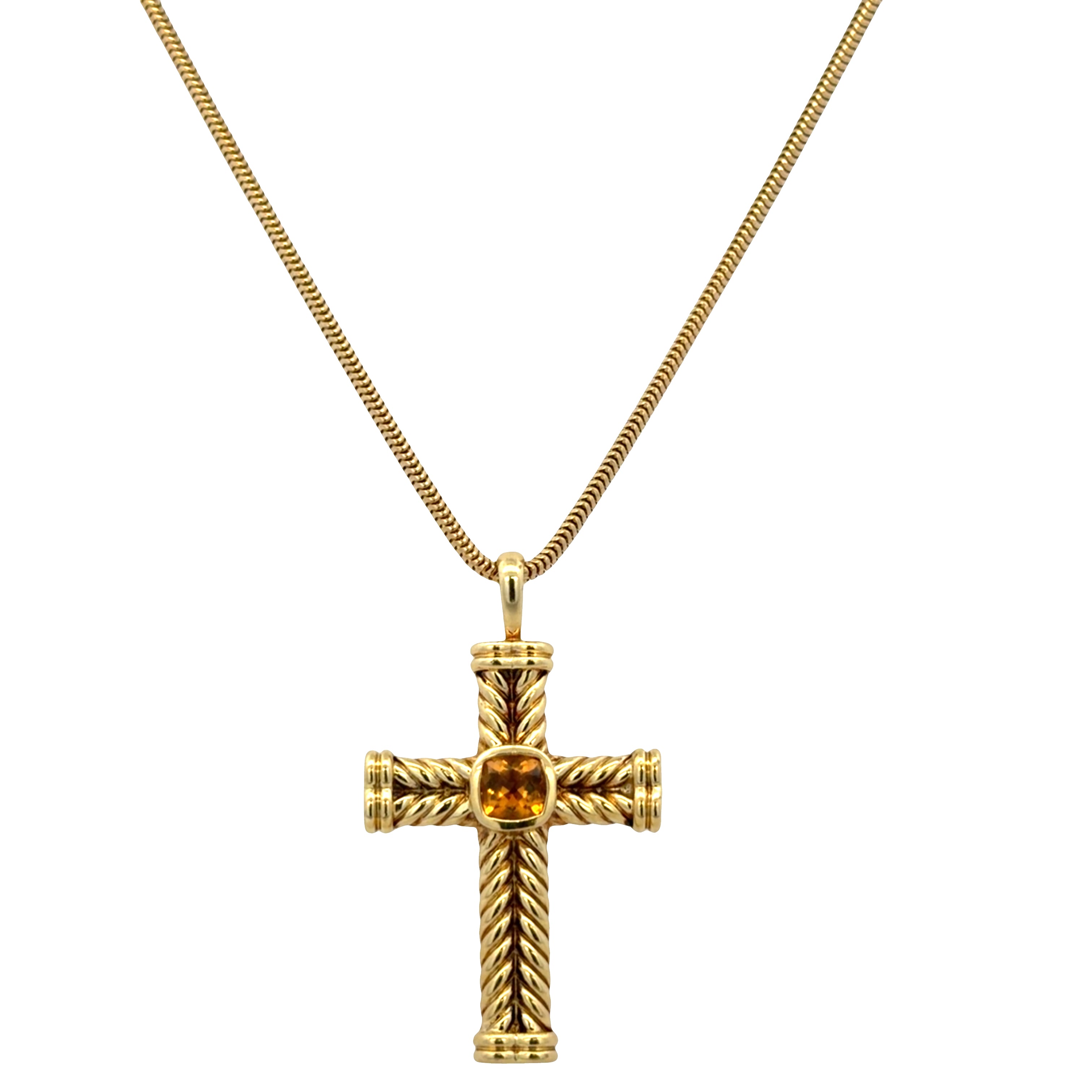 Estate David Yurman 14k Yellow Gold Citrine Chevron Cross Pendant Necklace