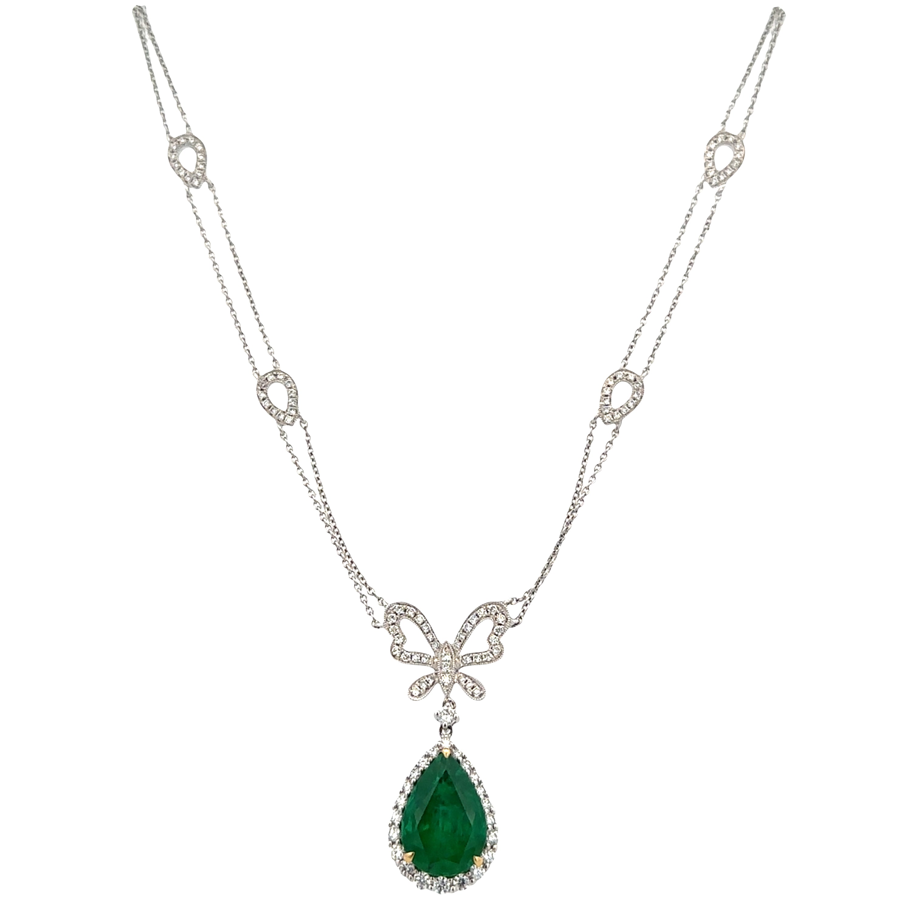 Festive 14k White Gold Emerald & Diamond Bow Necklace – 18" Adjustable