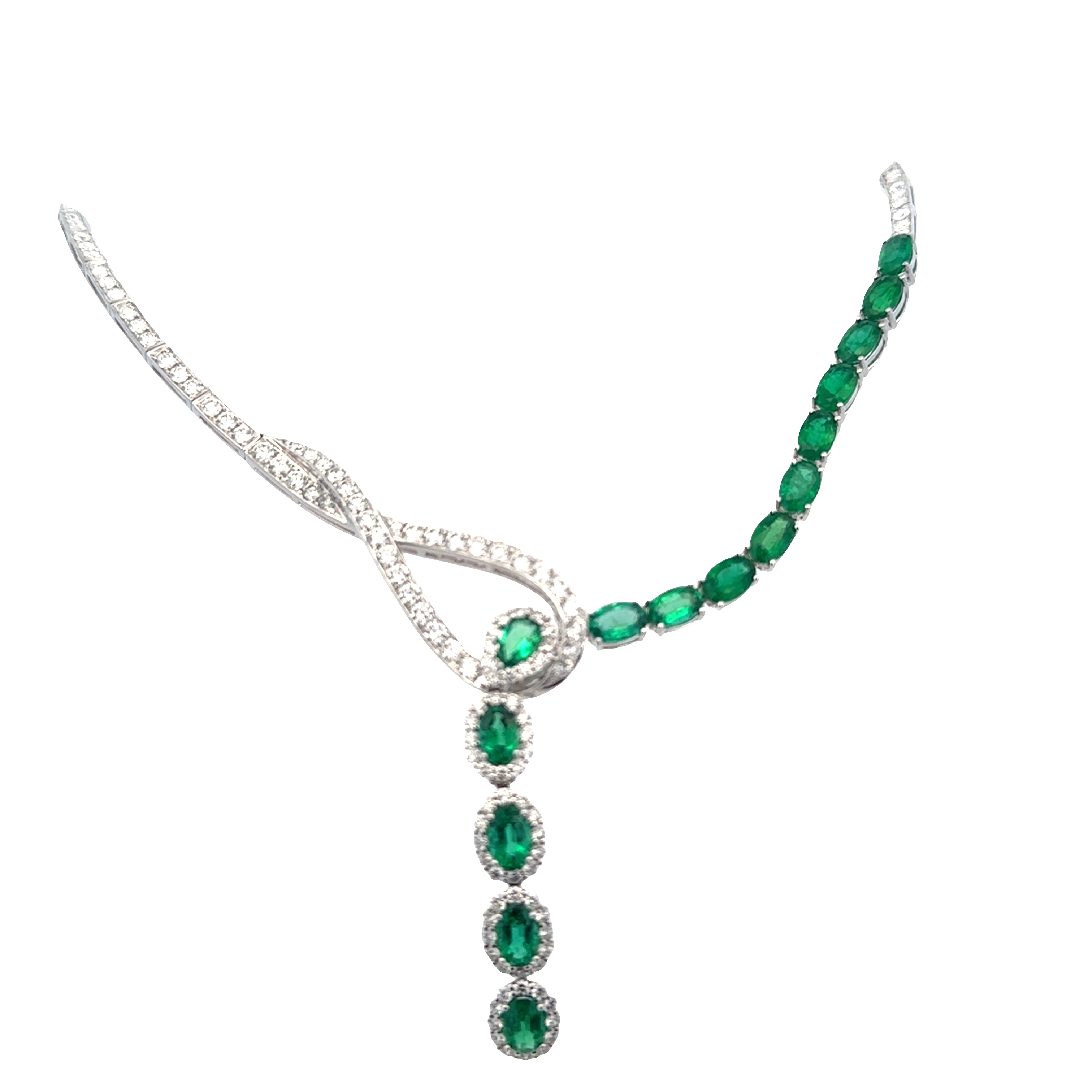 18k White Gold Emerald & Diamond Cascading Crossover Necklace