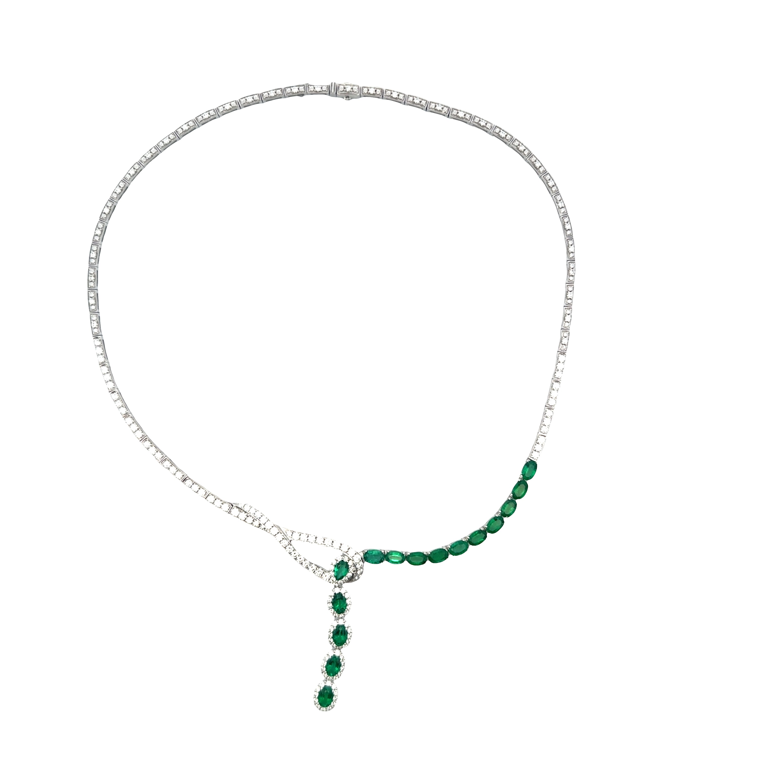 18k White Gold Emerald & Diamond Cascading Crossover Necklace