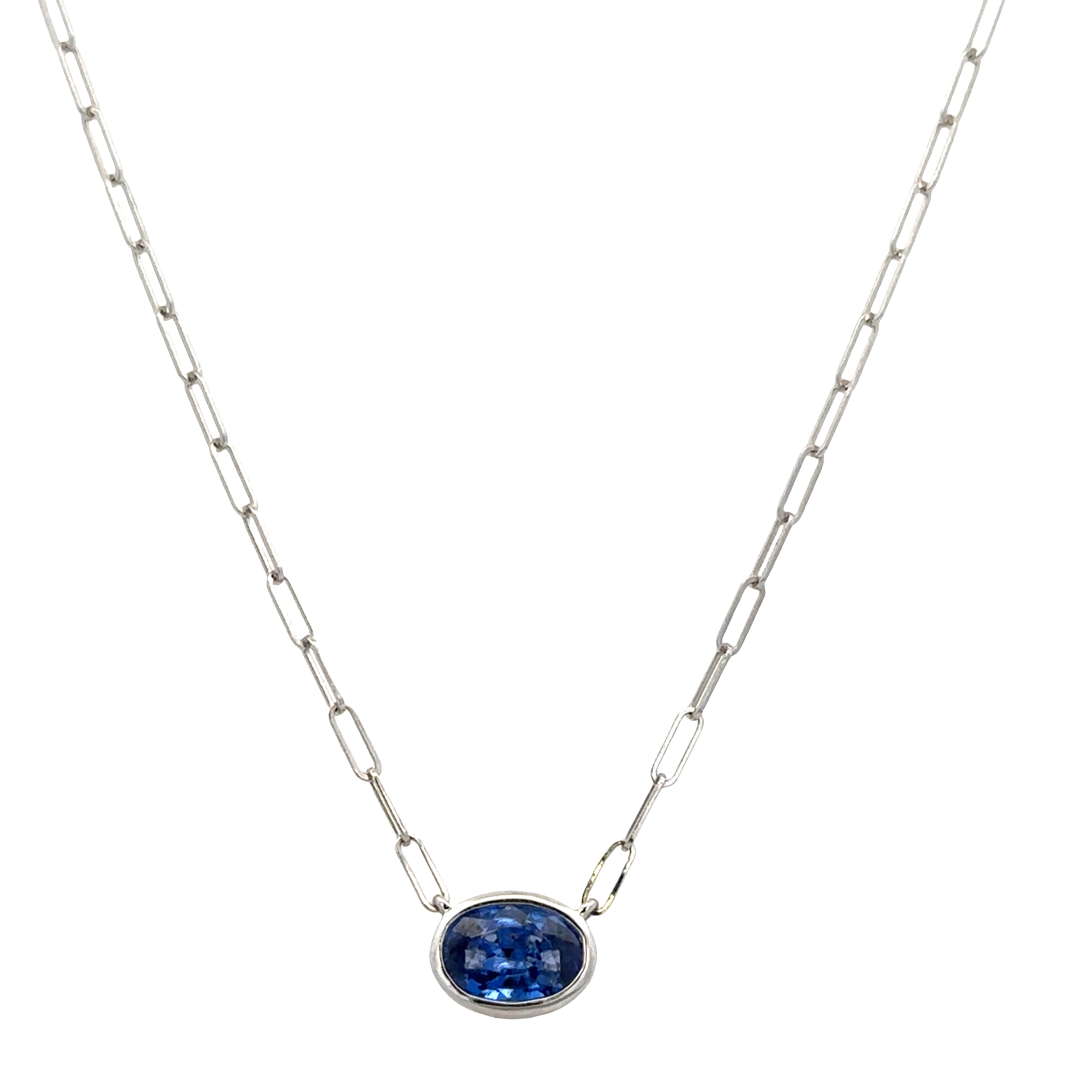 14k White Gold Sapphire Paperclip Chain Necklace – 18"