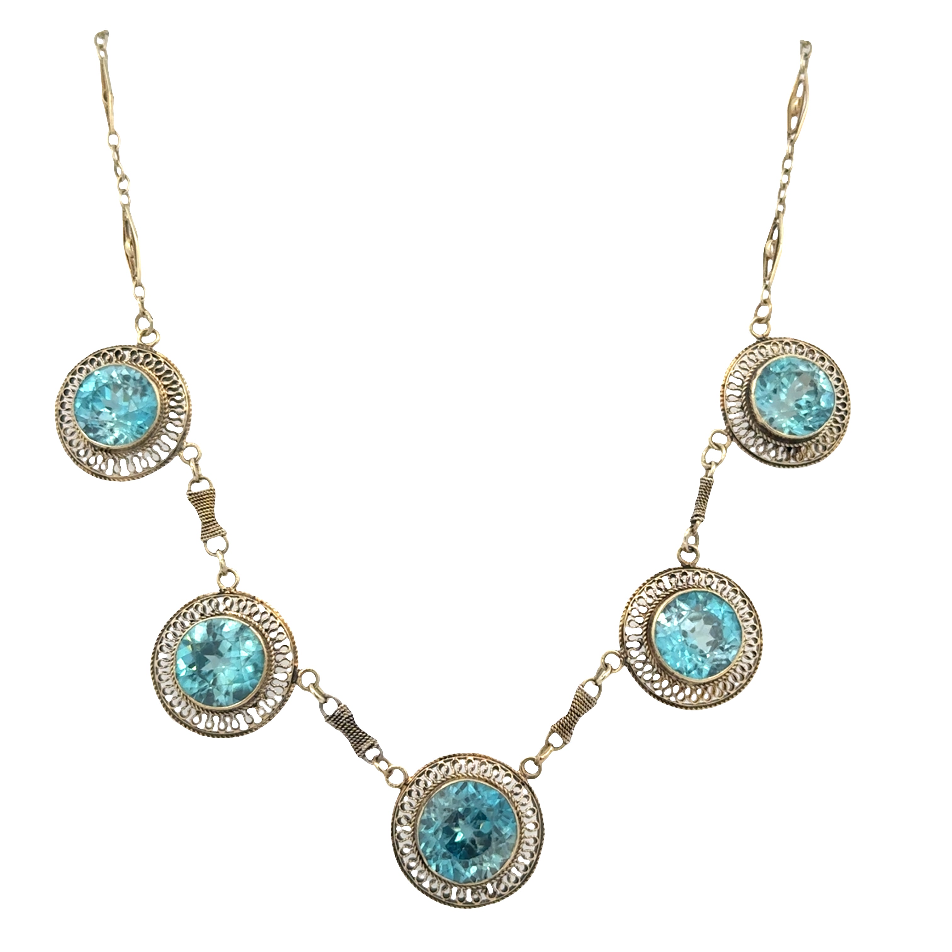 Rare Vintage Art Deco 14k Yellow Gold Blue Zircon Filigree Necklace – 18.5 Carats, Circa 1930s