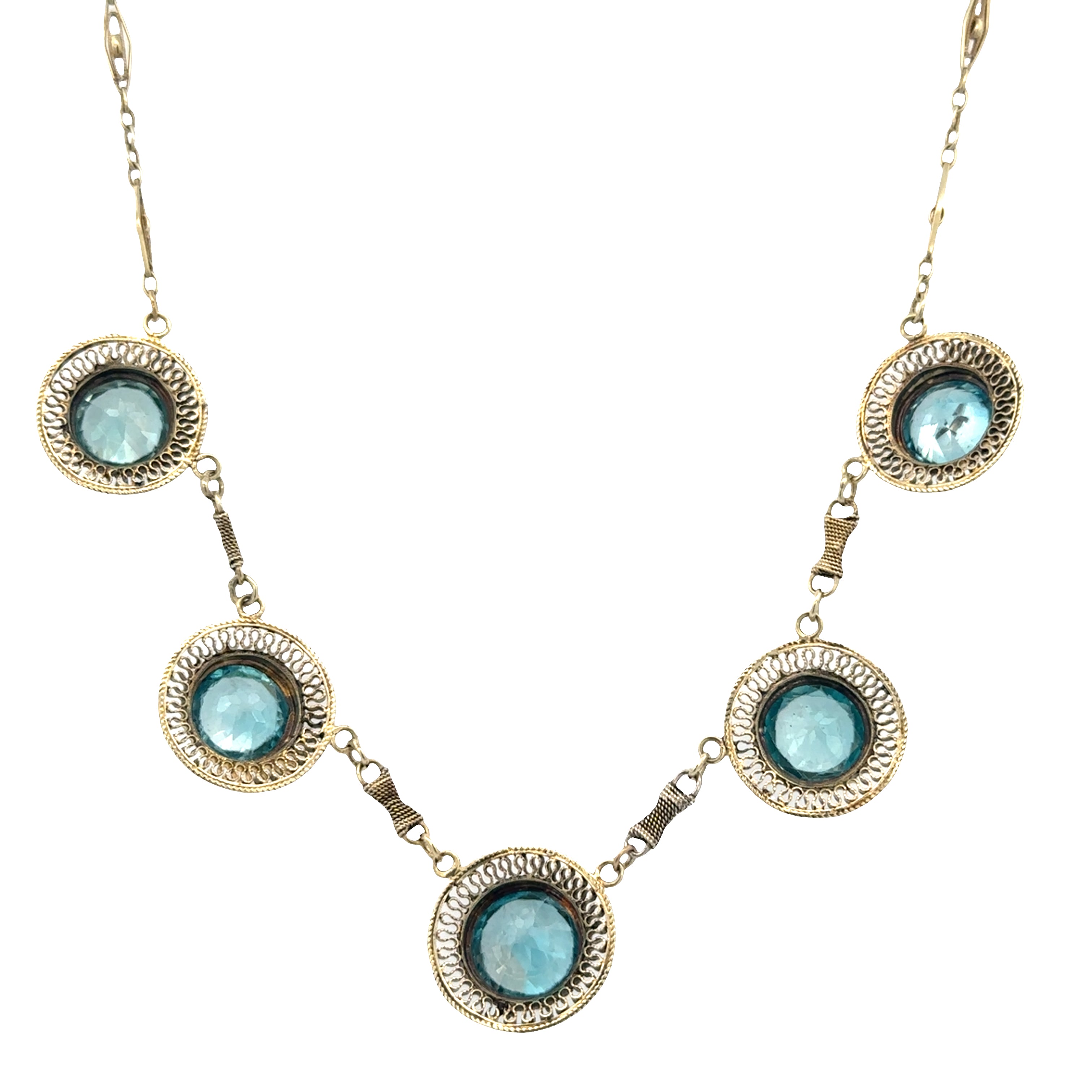 Rare Vintage Art Deco 14k Yellow Gold Blue Zircon Filigree Necklace – 18.5 Carats, Circa 1930s