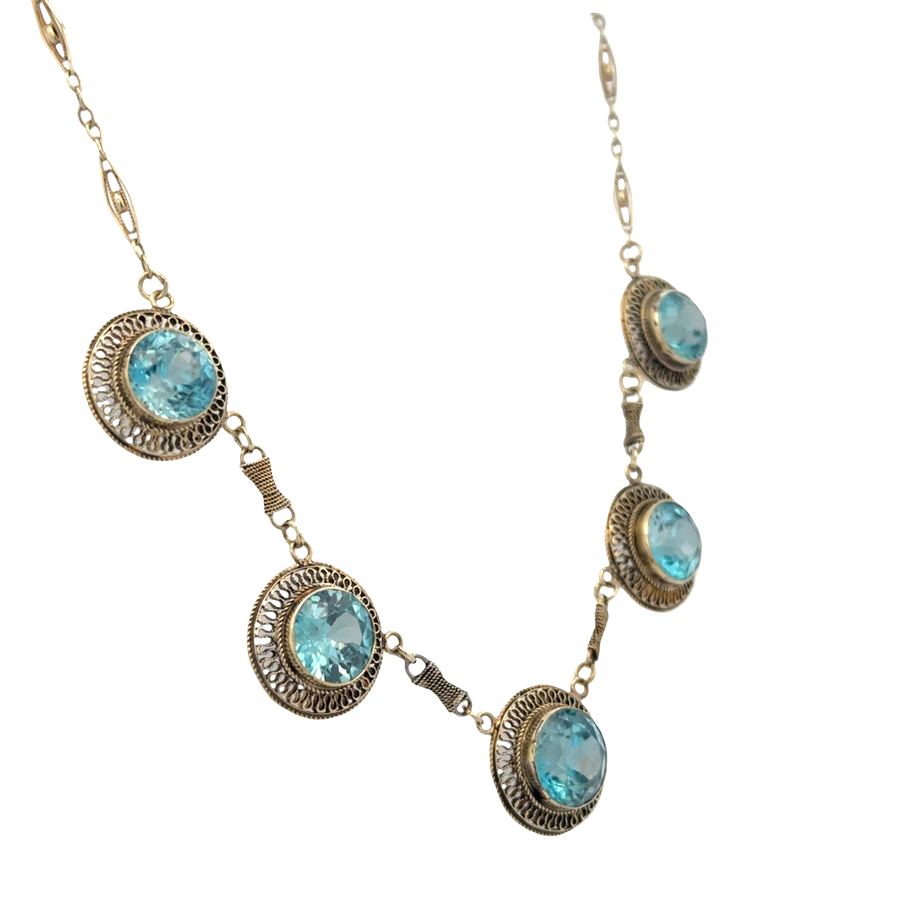 Rare Vintage Art Deco 14k Yellow Gold Blue Zircon Filigree Necklace – 18.5 Carats, Circa 1930s