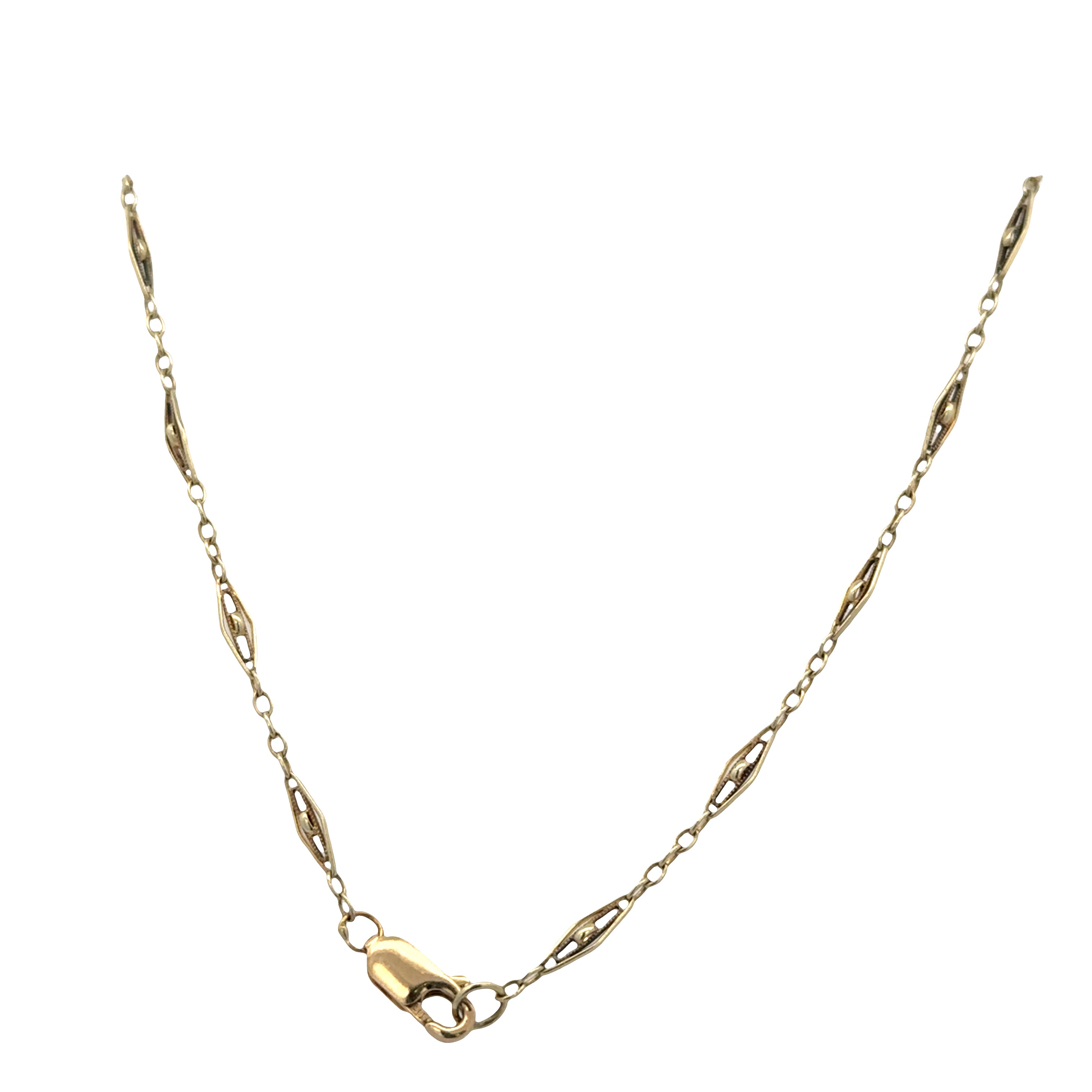 Rare Vintage Art Deco 14k Yellow Gold Blue Zircon Filigree Necklace – 18.5 Carats, Circa 1930s