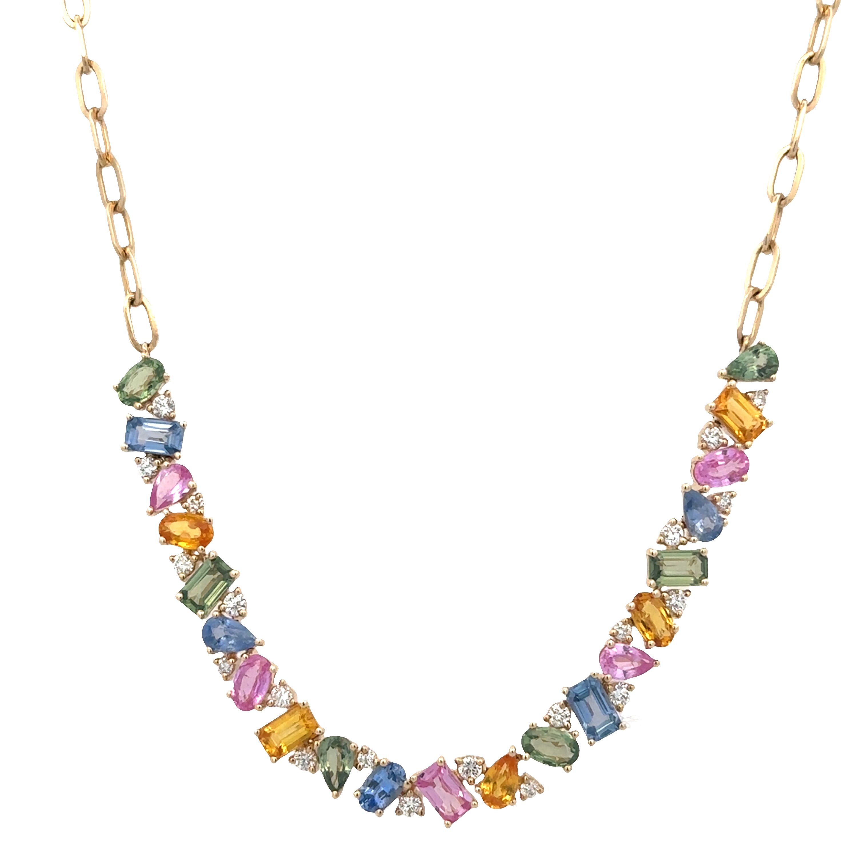 14k Yellow Gold Multicolor Sapphire & Diamond Necklace – Adjustable 16"