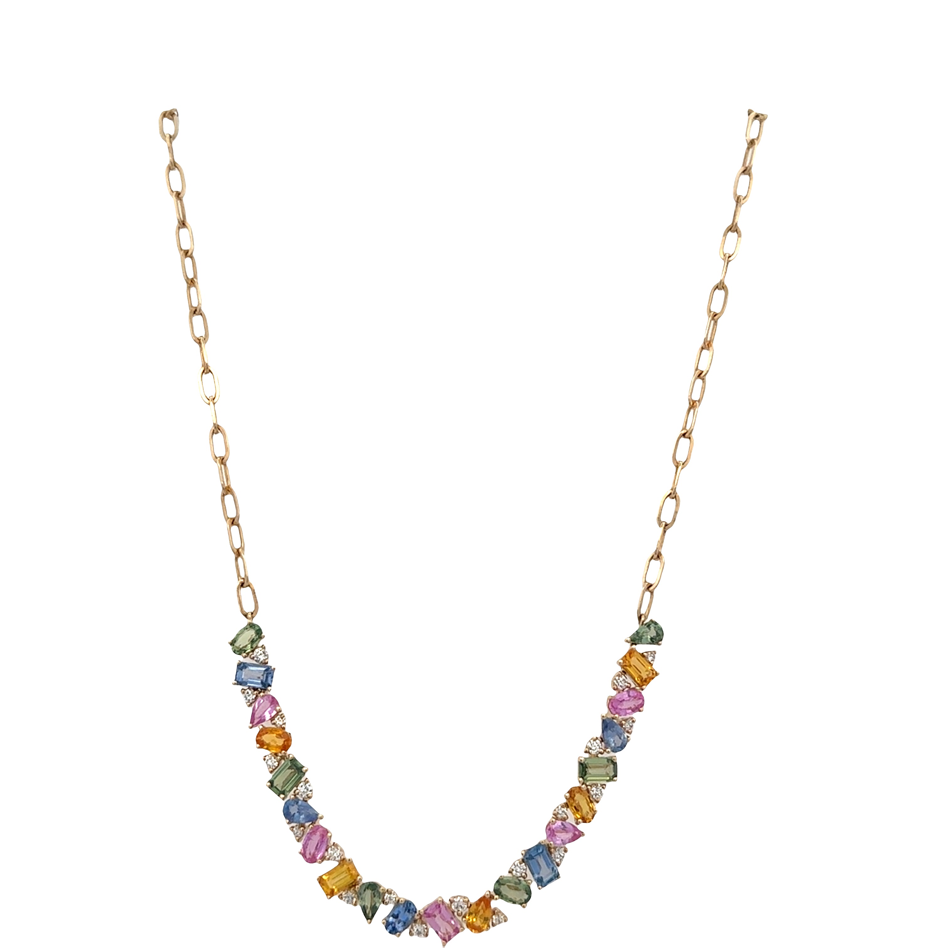 14k Yellow Gold Multicolor Sapphire & Diamond Necklace – Adjustable 16"