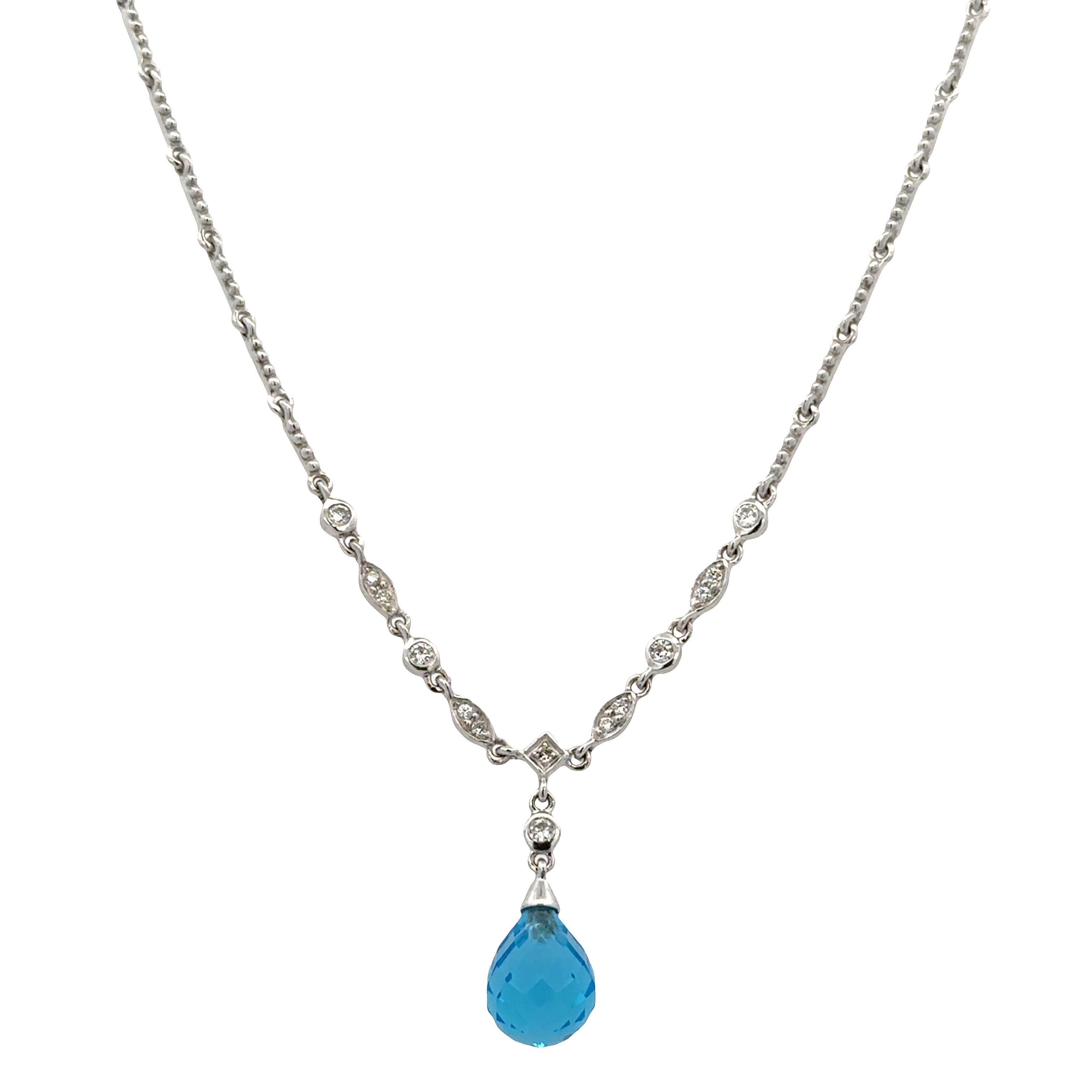 18k White Gold Blue Topaz & Diamond Lavalier Necklace – 16"