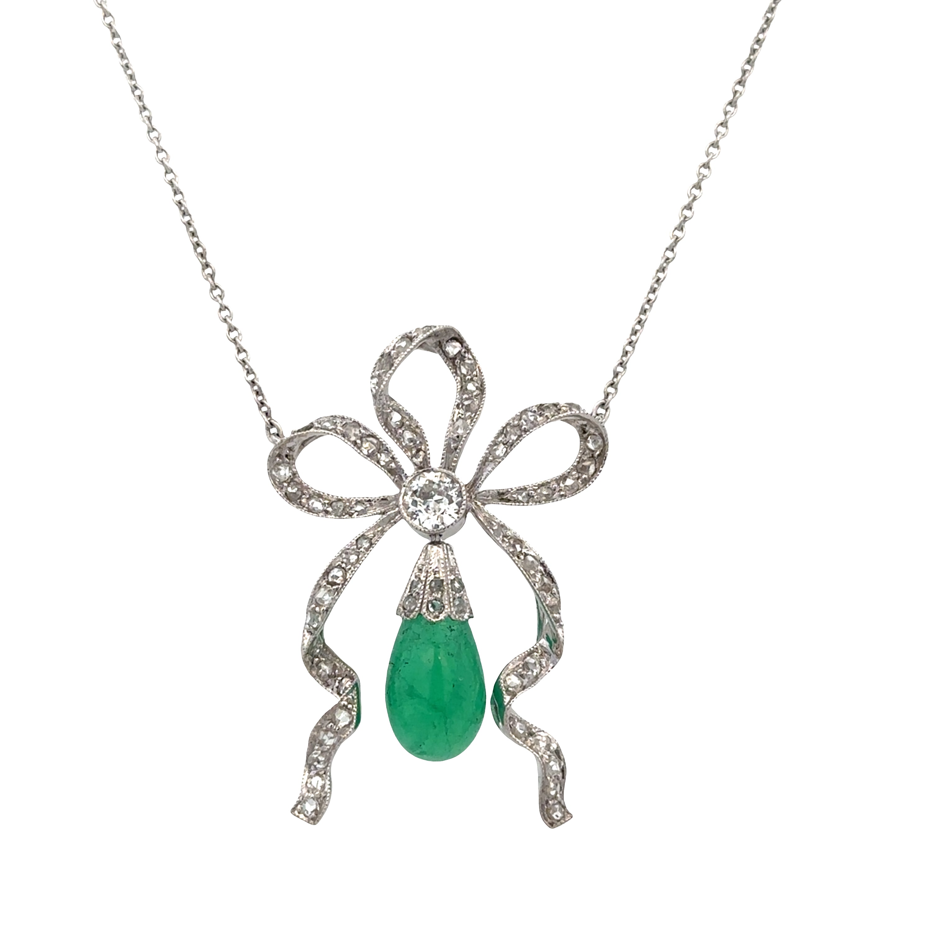 Antique Edwardian Platinum Emerald & Diamond Bow Necklace – 18.75", Circa 1910s